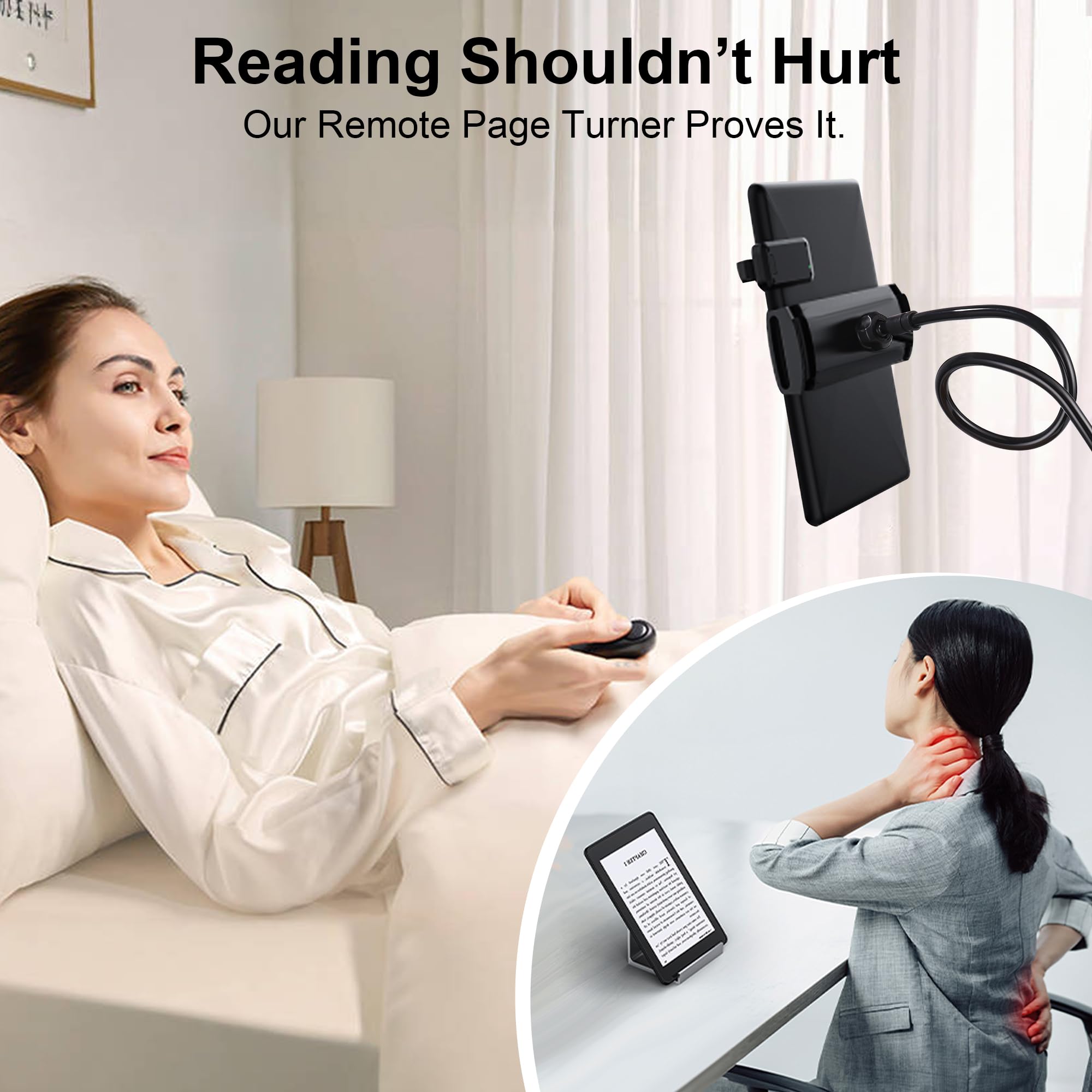 Support de Tablette pour la Lecture Kindle avec RF Télécommande Tourne Page, Support à col de Cygne avec Tourne, Accessoires pour la Lecture Kindle/iPad/appareils de 4,7 à 10.53 Tablets au Lit