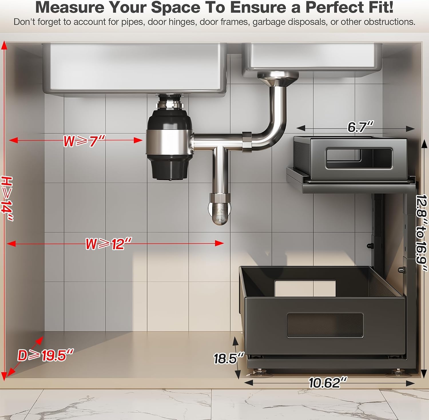 2 Pack 18.5IN-Depth Under Sink Organizer With Next-Gen Ball-Bearing Slides,2-Tier Pull Out Cabinet Storage,Height Adjustable Drawer Shelf for Bathroom,Kitchen,Laundry,Cabinet,Pantry-Black image 2