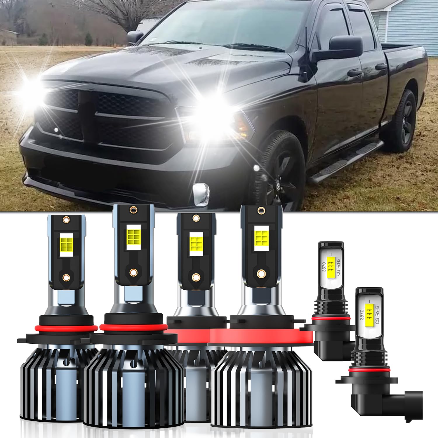 XG Glitter Lights Fit For Dodge Ram 2013-2018 Without Projector, 9005 High Beam H11 Low Beam 9145 Fog Light Bulbs, High Power 6500K White Light, Pack