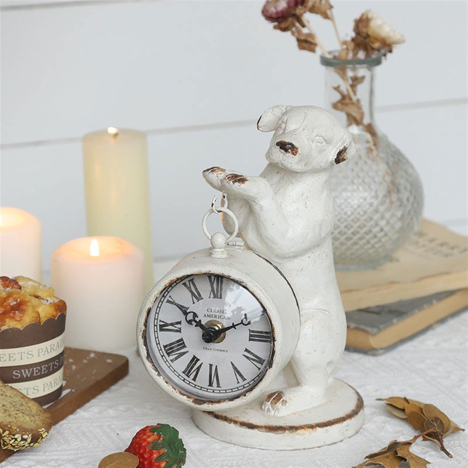 Décorative Horloge de Bureau créative Chevet Ornements Antiques Belle Chien Sculpture Horloge à Quartz Style campagnard pour Bureau Chambre Table