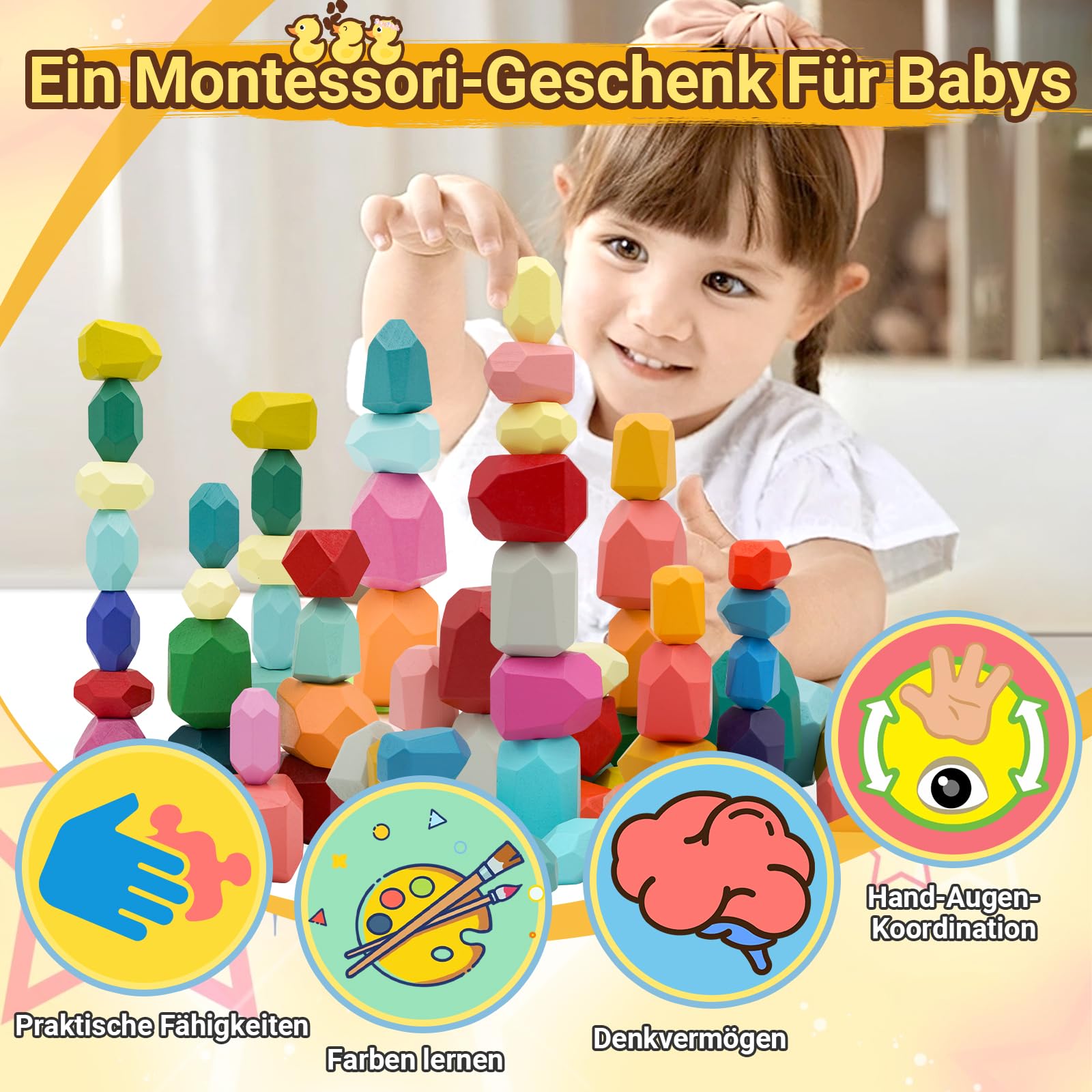 RunHero 39 Stück Stapelsteine Balanciersteine Montessori Holz Bauklötze Spielzeug für Kinder Stapelturm Grimms Holzbausteine Stapelsteine Motorikspielzeug Geschenk für Baby ab 3+ Jahr