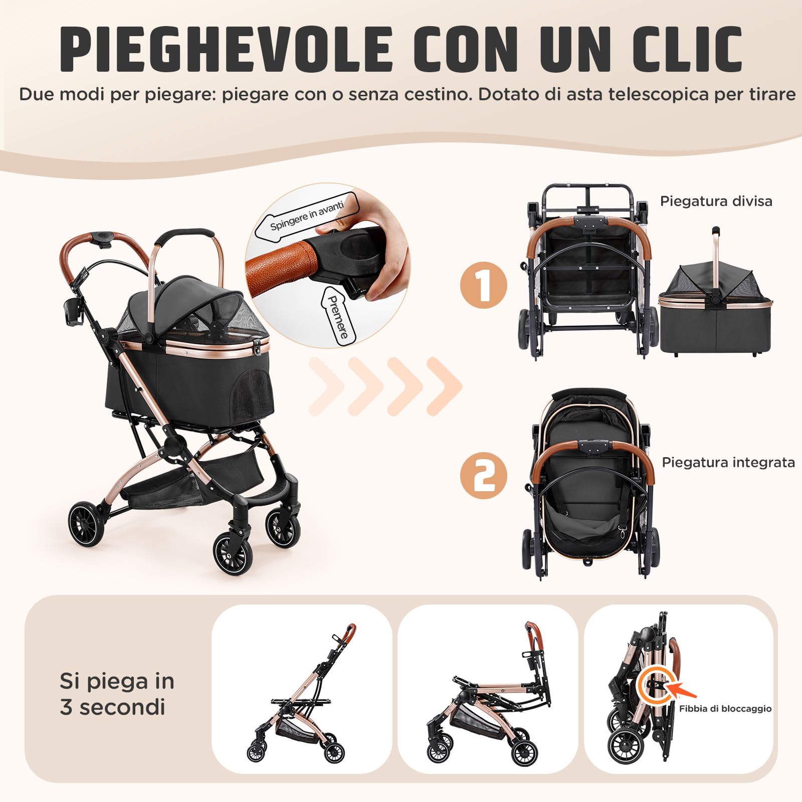 Gimars Passeggino Pieghevole per Cani Gatti 4 in 1 fino a 20 kg, Passeggino Cane con Trasportino Staccabile Cestello, Ruote Anteriori 360°, Parapioggia Freni Portabicchieri Cestino Portaoggetti, Nero