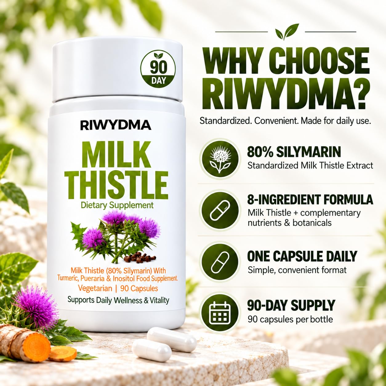 Milk Thistle Liver Detox, 8-in-1 Milk Thistle Liver Support Supplement, 90 Vegetarian Capsules, 80% Silymarin Herbal Formula with Turmeric, Pueraria & Inositol, Digestive & Detox Support — Amazon image 3