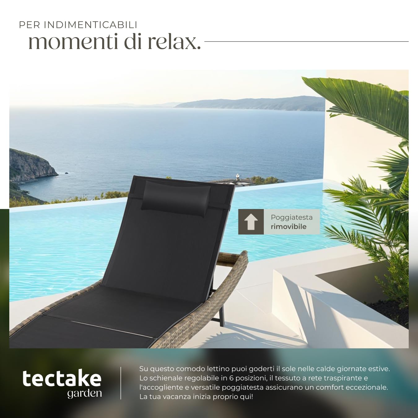 tectake® Sdraio in Rattan, Sdraio da Esterno Regolabile in 6 Posizioni, Traspirante, Telaio in Acciaio, Antiscivolo e Antigraffio, Cuscino Poggiatesta Incluso - Naturale