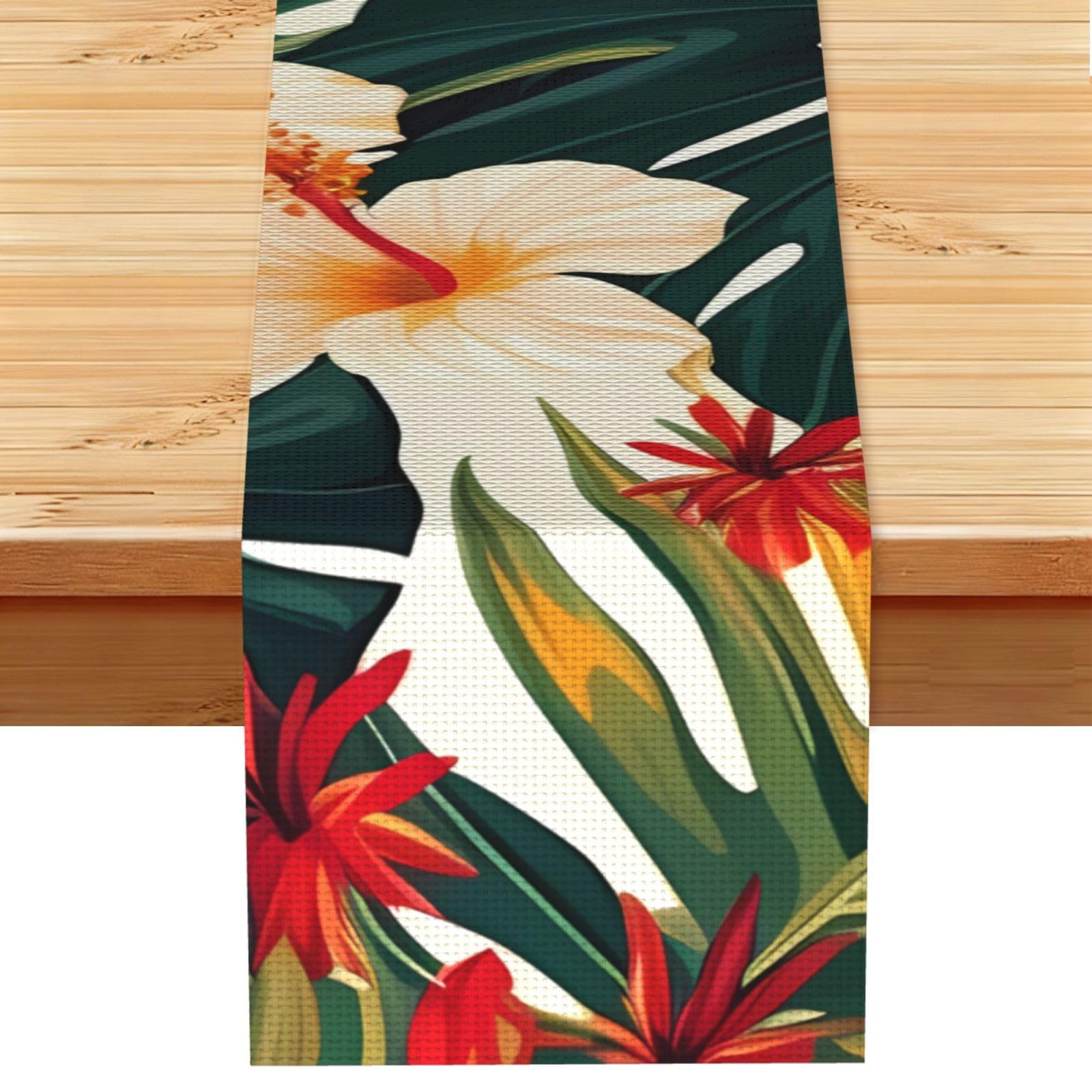 Tropical Summer Hawaiian Flower Palm Leaves Table Runner 13x72 Inch Cotton Linen Table Linen Washable Farmhouse Tablecloth Modern Abstract Art Kitchen Dinning Table Decoration for Home Party Decor
