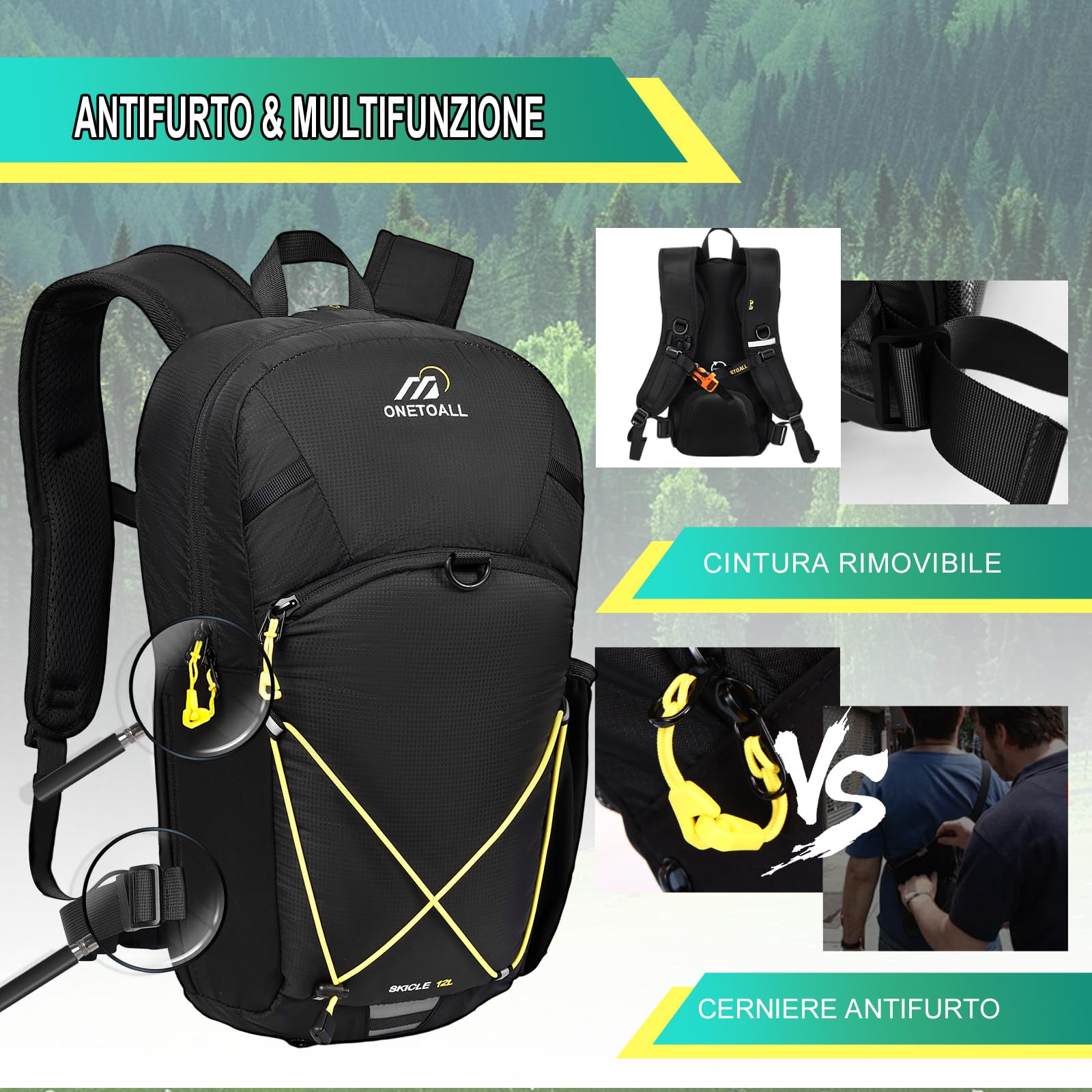 Zaino Antifurto per Bici da Uomo, Zaino da Escursionismo Donna Piccolo 12L, Zaini MTB con Cintura Rimovibile per Ciclismo, Viaggi Giornalieri, Pendolarismo