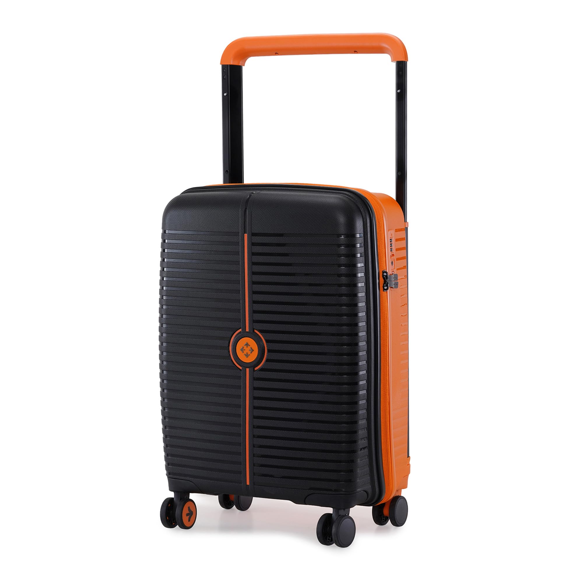 Dubai TSA Lock Hard-Sided Polypropylene Wide Telescopic Handle 8 Wheels Double Spinner Cabin Luggage Black Orange 20 inch |55cm Trolley Bag| Small Cabin Luggage discount deal