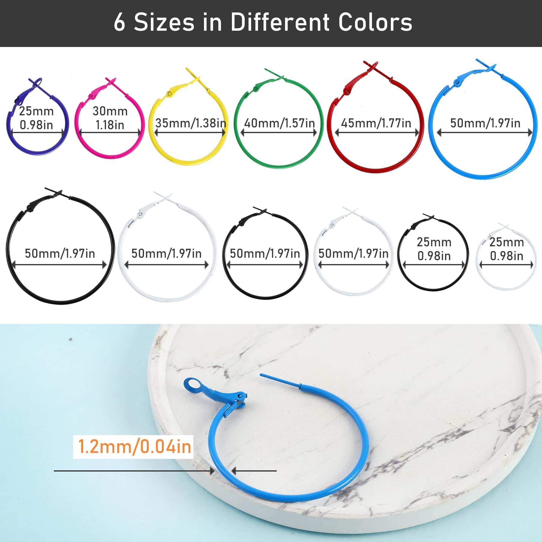HLTOO 96PCS Hoop Earrings Finding, Round Hypoallergenic Earring Hoops, Multicolor Stainless Steel Open Beading Hoop, for Women's Jewelry Making, DIY Earrings Crafts, 6 Sizes