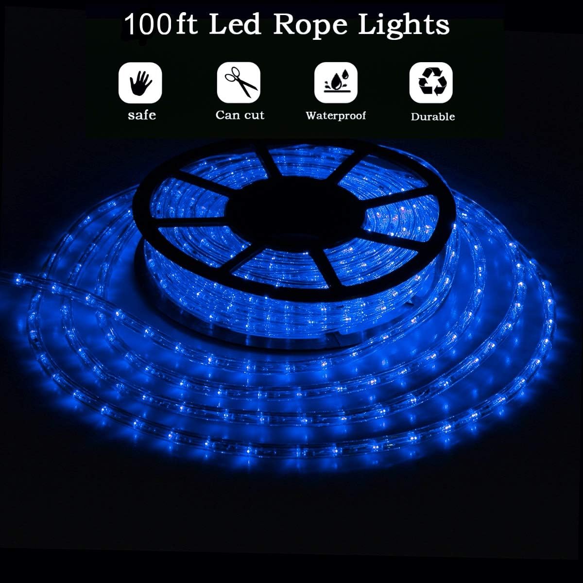 100Ft Blue LED Rope Lights, 110V Outdoor Rope Lights Waterproof Decorative Lighting for Indoor/Outdoor, 1080 LEDs Rope Lights for Outside, Deck, Patio, Halloween and Christmas Decorations