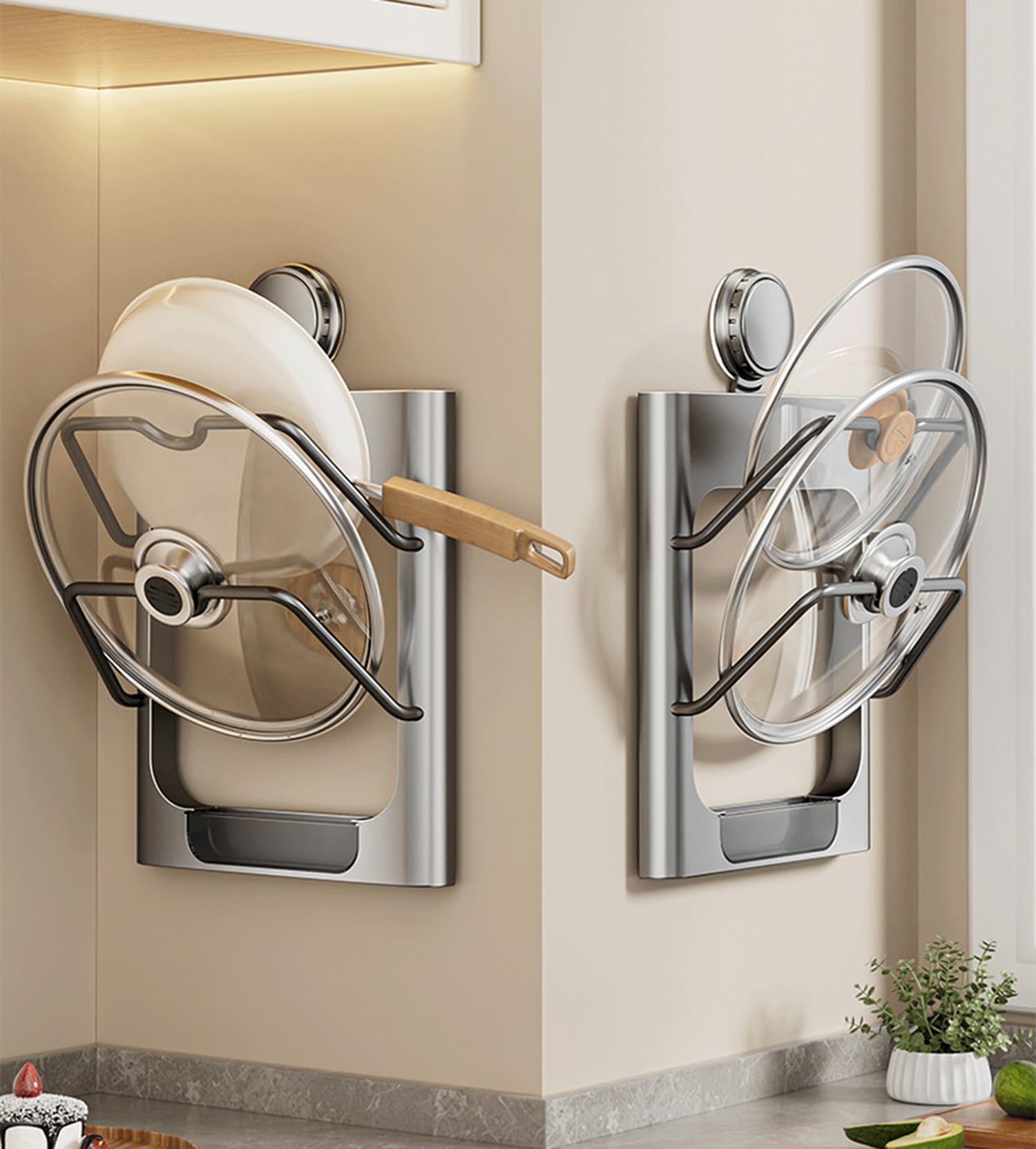 SDFJKHRD Suction Pot Lid Rack Organiser with Drip Tray, 2-Tier Wall-Mounted Pan Lids Storage Rack, Pot Lid Holder And Cutlery Tray To Avoid Dripping Stains,Grey,2 Pack