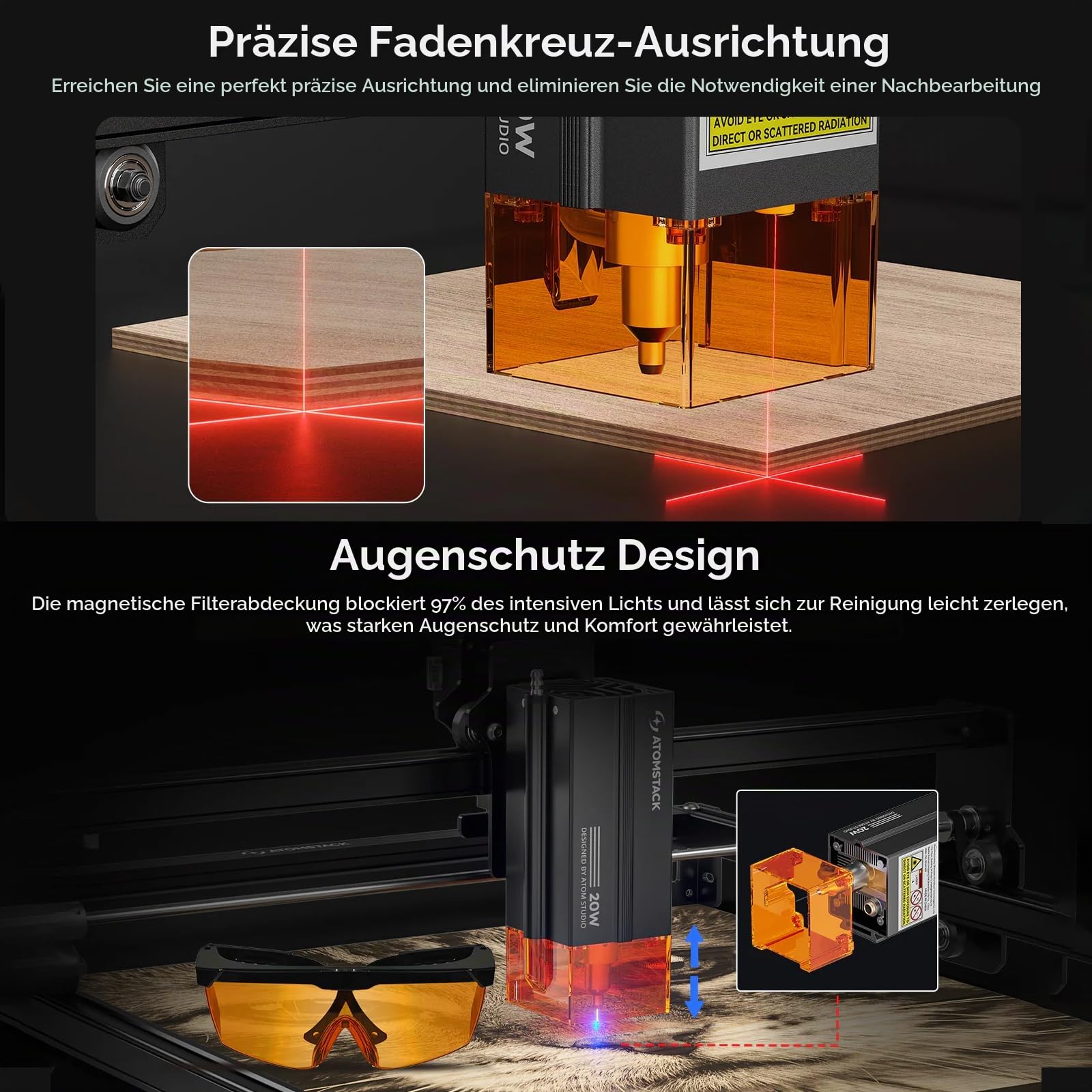 ATOMSTACK A20 PRO V2 Laser Graviermaschine 120W mit R3 Pro Laser Rotationswalze, 20W Ausgangsleistung hohe Genauigkeit Laserschneider & Gravurgerät für DIY Holz Metall Acryl Leder