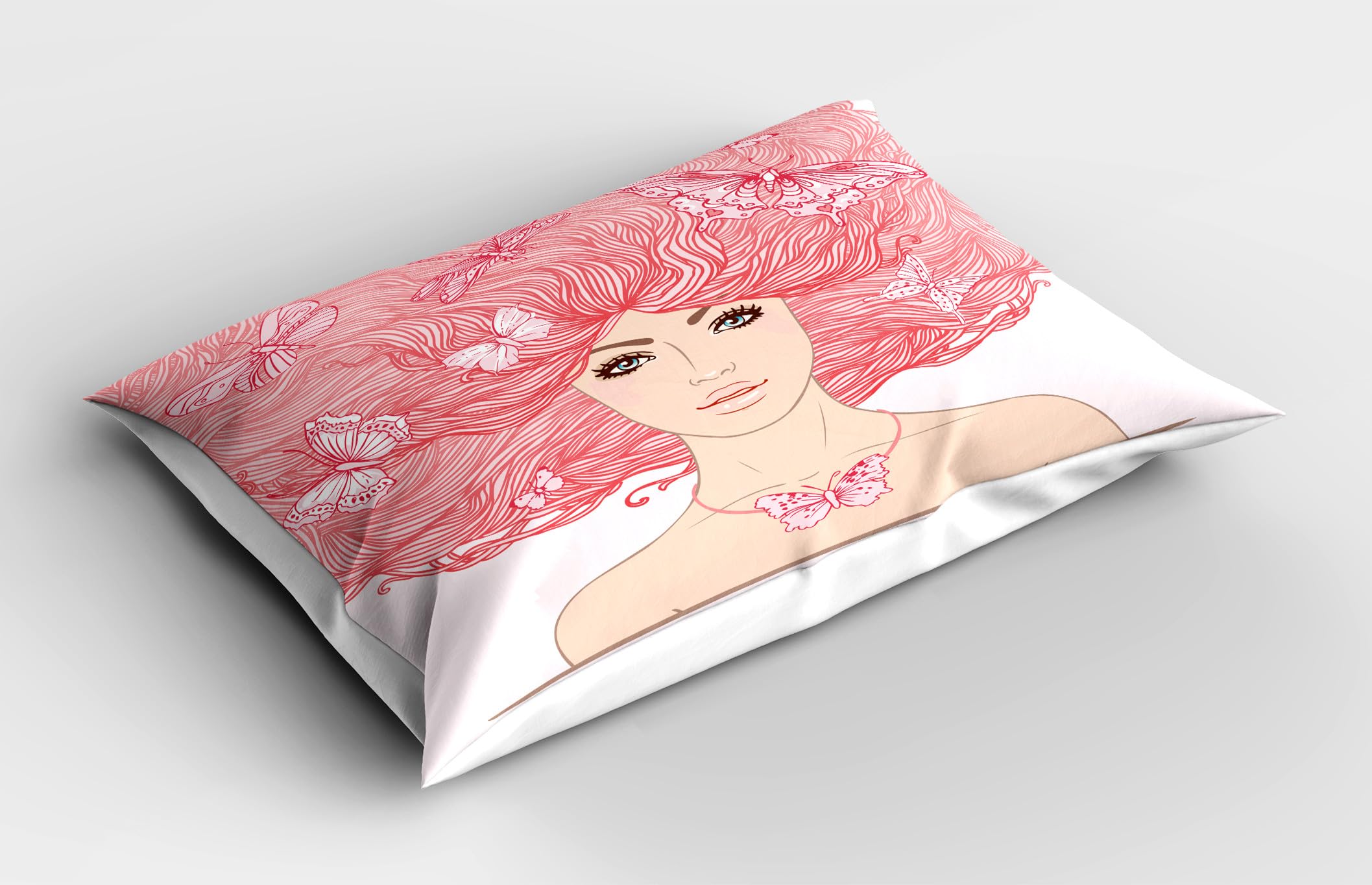 Ambesonne Pink Pillow Sham Set of 2, Sketchy Hand Drawn Style Girl with Butterflies in Her Long Pink Hair Illustration, Quality Microfiber Bedding Item for All Seasons, 26