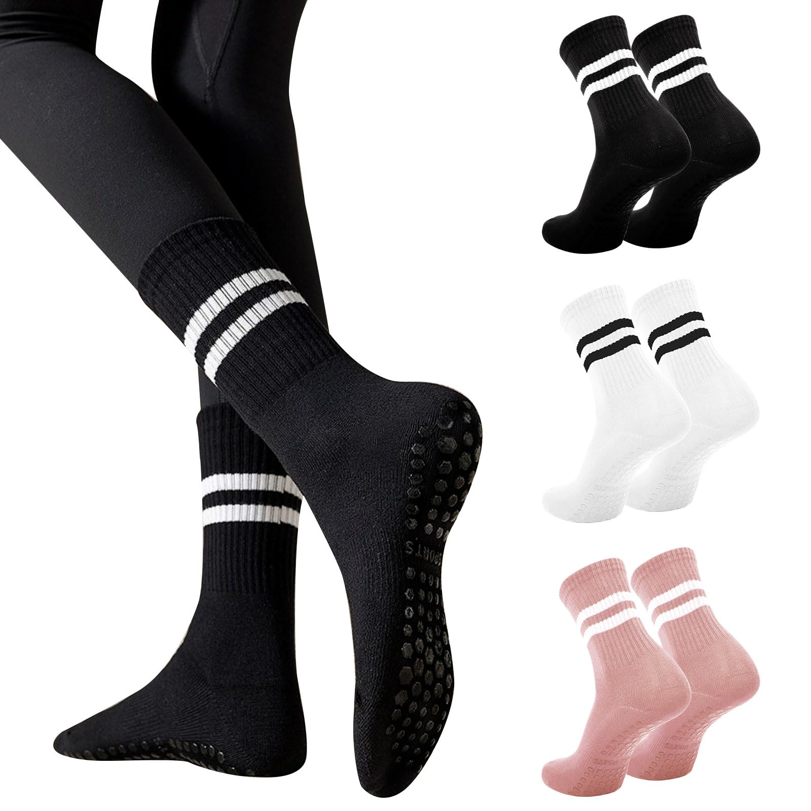 Risipu Women's Black+White+Pink 3 Pairs Pilates Socks With Grips For ,Cute Non Slip Crew Grippy Yoga Socks Grippy Sticky For Hospital Dance Barre Workout (Uk, Alpha, One Size, Regular, Regular, )