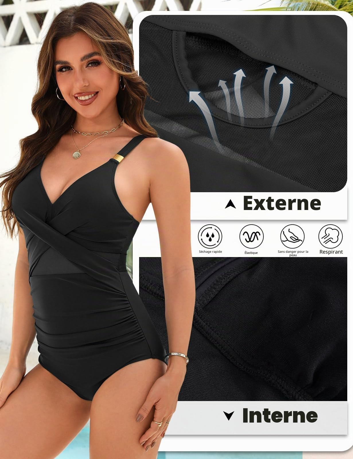 Maillot de Bain Femme 1 Pièces Gainant Col en V Contrôle du Ventre Maillots Push Up Rembourré Monokini Grande Taille Swimwear de Plage Froncé Été