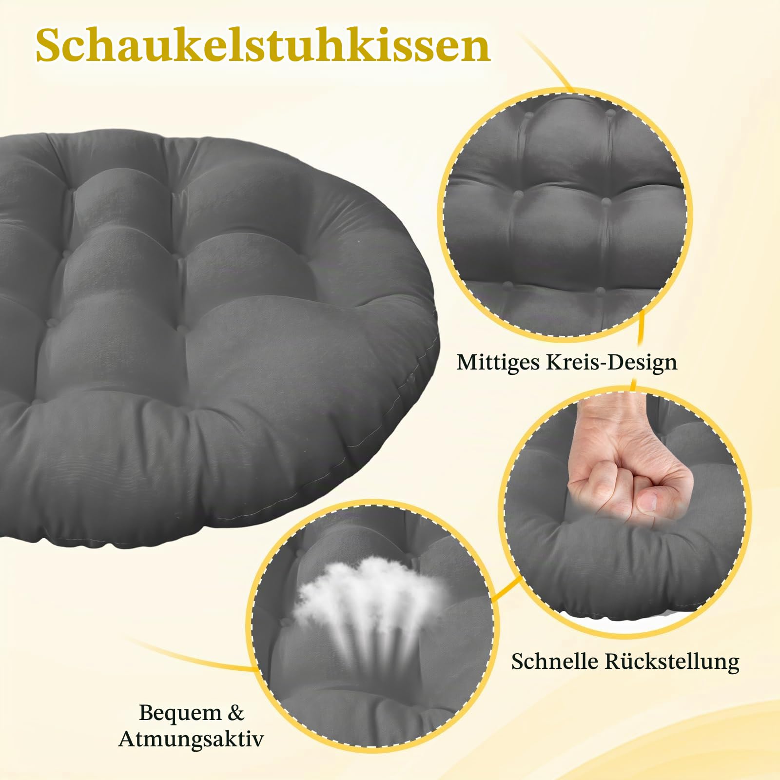 Baoblaze Gartenstuhl Kissen, 60 cm Rundes Sitzkissen, Gemütliches Stuhlauflage, Abnehmbar Sitzkissen Outdoor/Indoor, Stuhlauflagen für Schlafzimmer, Familienzimmer, Kissen für Hängesessel, Dunkelgrau