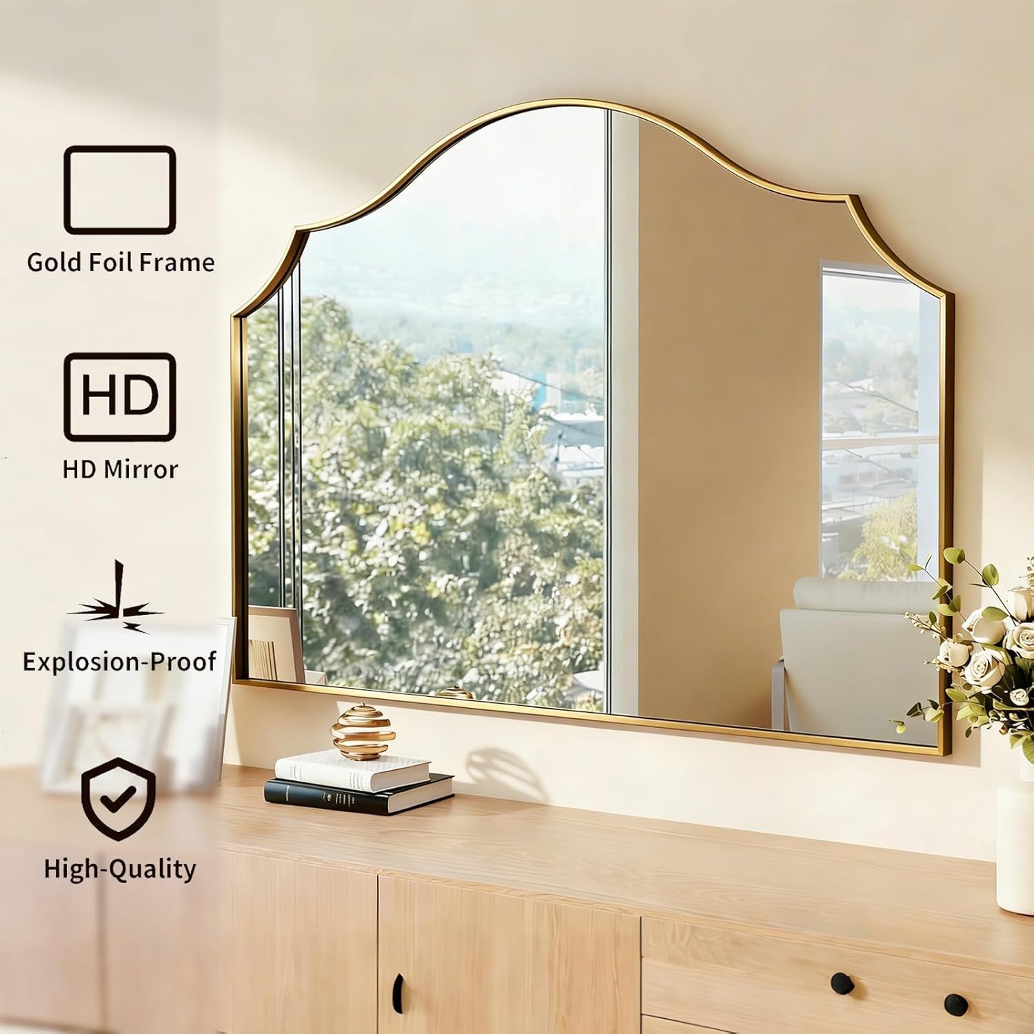 Gold Arched Vanity Mirror, 29"x39" Modern Minimalist Wall Mounted Bathroom Mirror for Living Room, Bedroom, Fireplace, Hallway Mantle, Dresser, Entryway Home Wall Mirrors Decorative
