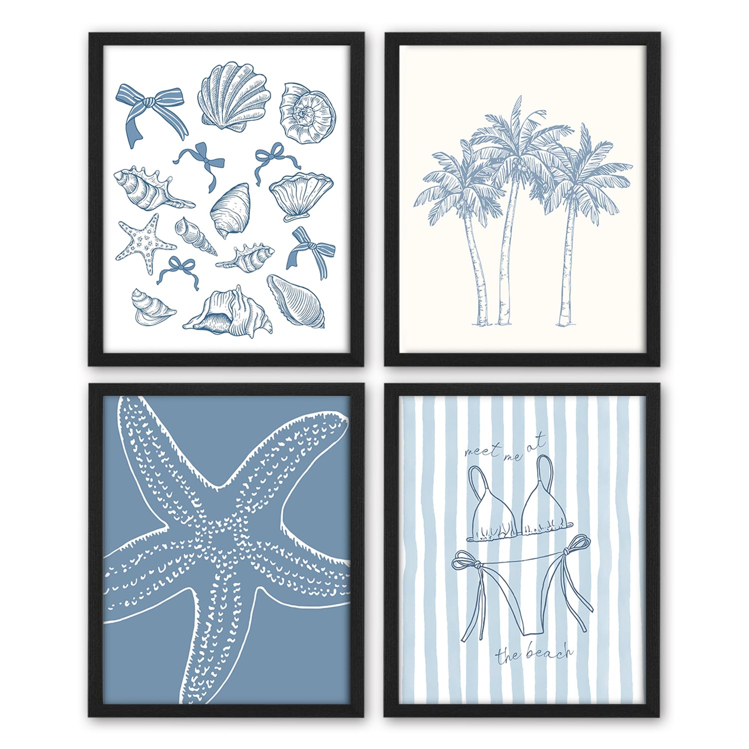 NaZaUK Blue Coastal Wall Art, Summer Beach Shell Wall Decor Pictures Preppy Coast Poster Print Artwork for Hallway Bedroom and Living Room Home Decor,