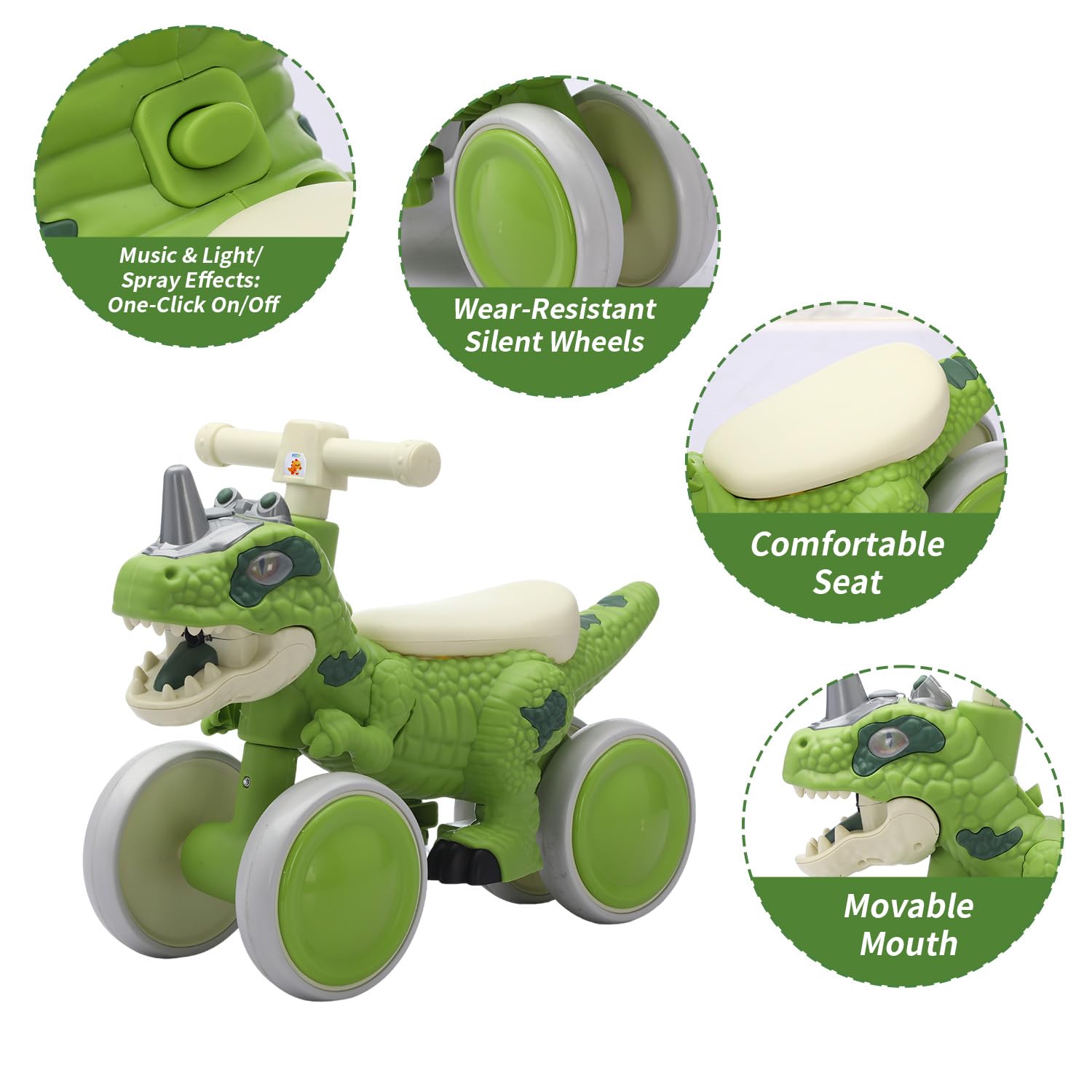 Bicicleta de equilibrio de dinosaurio para niños de 1 a 3 años, caminante sin pedal de 4 ruedas con efectos de música y rocío de niebla, regalo de primer cumpleaños certificado ASTM para niños 3