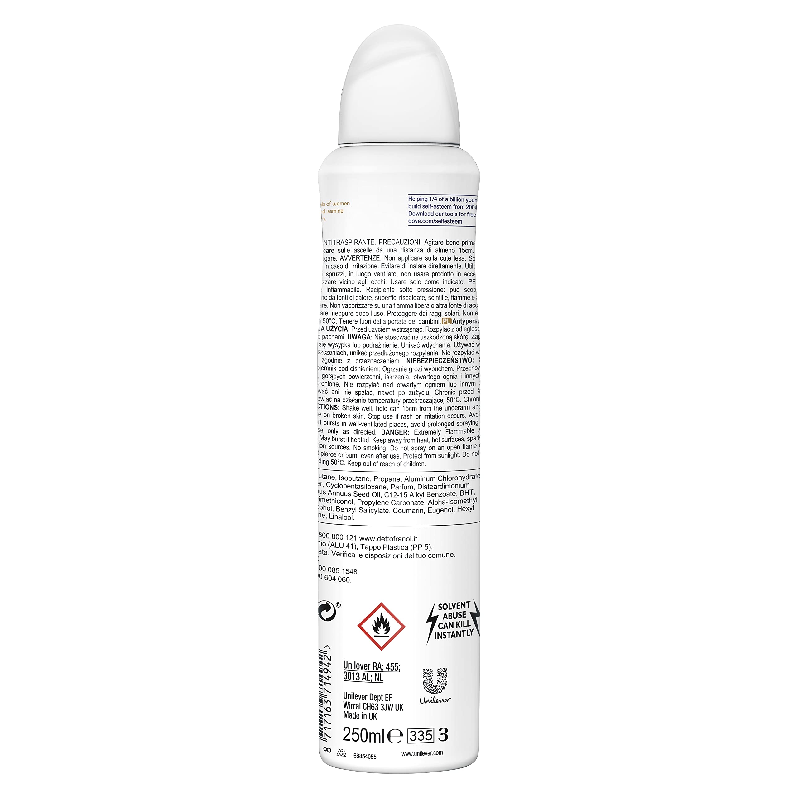 Dove Nutriente Secrets Fiore di cocco e gelsomino con ¼ crema idratante Antitraspirante Aerosol profumo di lunga durata deodorante fresco 6 x 250 ml