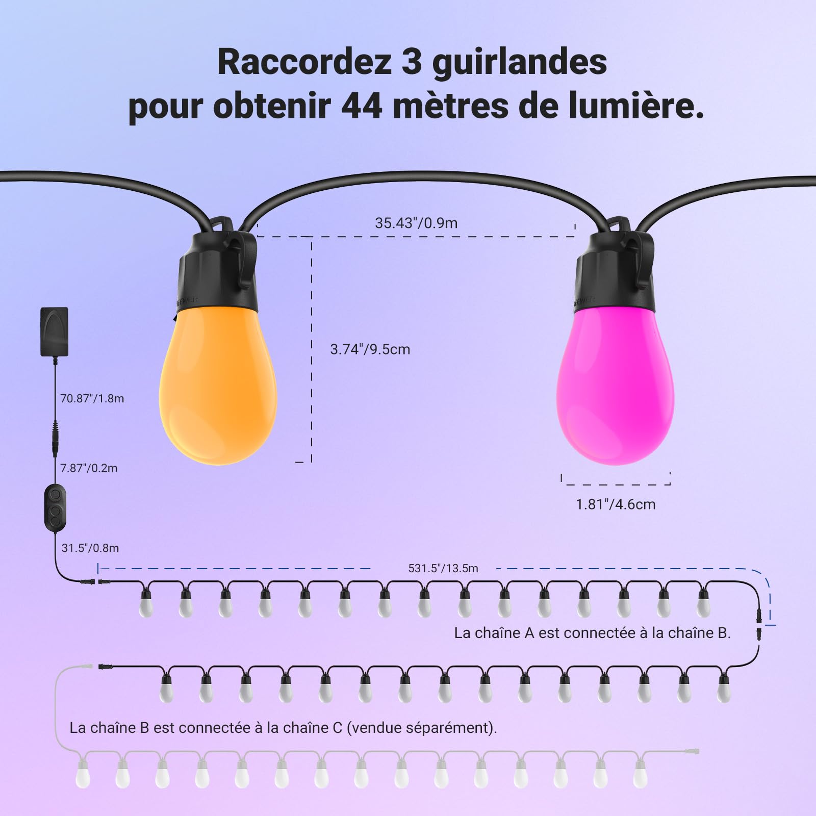 NEEWER NR01 Guirlande Extérieure 96ft,Smart AI RGBW avec App | Intensité Variable,IP65 Étanche,30 Ampoules LED,50+ Ambiances,2700K-6500K,Compatible avec Alexa Google