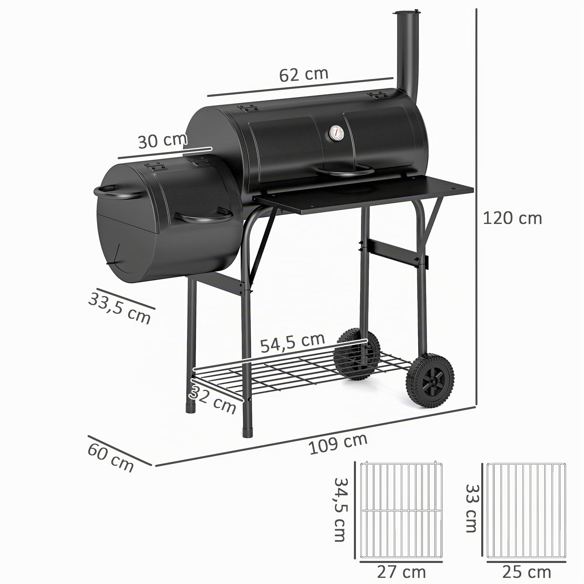 Outsunny Barbacoa de carbón Chimenea, Estante lateral plegable, Negro | Rejilla calentadora, estante inferior, tapa, termómetro, ruedas, Cocina al aire libre Jardín Fiesta
