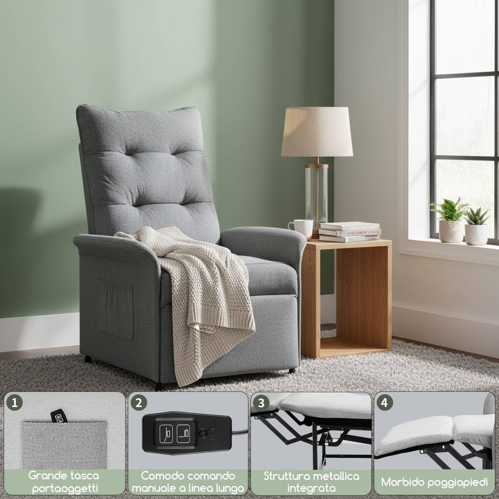 SOSINYA Poltrona Relax Elettrica Premium, Comfort Totale con Schienale Reclinabile 105°-155°, Tessuto Traspirante e Resistente, Tasche Laterali Salvaspazio, Perfetta per Soggiorno, Camera o Relax (1)
