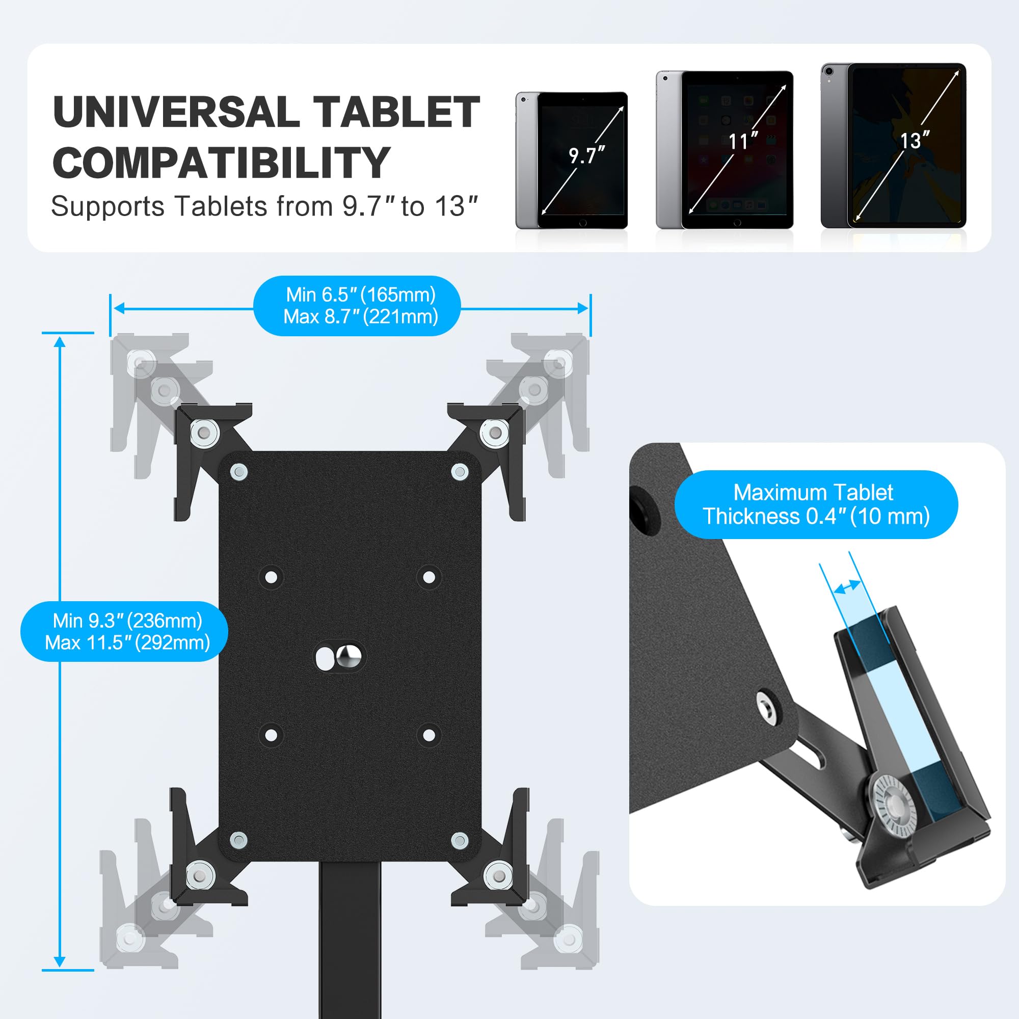 AboveTEK Soporte de Suelo antirrobo para iPad, quiosco POS con Cerradura, Altura Ajustable, rotación 360°, Base y gestión de Cables Ocultas, Compatible con 9,7-13 Pulgadas iPads/iPad Pro/Air(Negro)