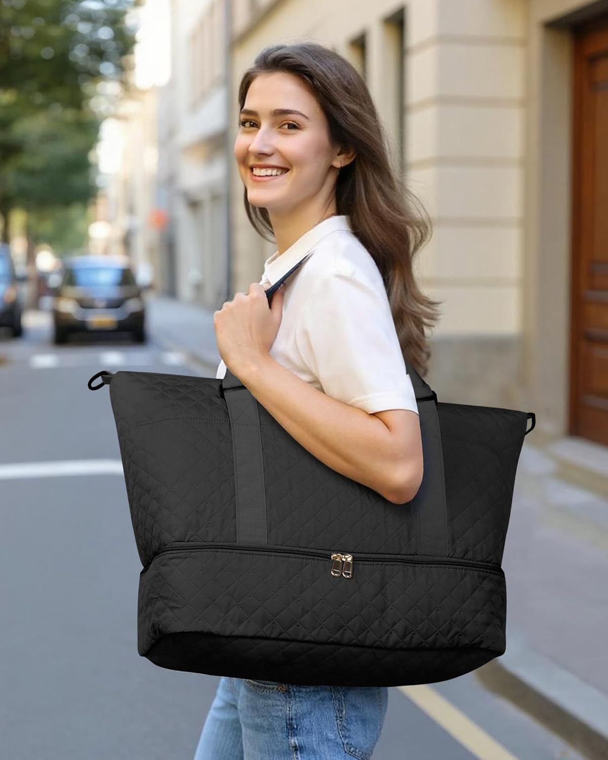 HOTOR Travel Duffel Bag - Weekender Bags for Women, Gym Tote Bags with Shoe Compartment, Carry On Overnight Bag with Toiletry Bag for Travel Essentials and Travel Accessories, Black, 13.4"×17.3"×7.9" - Image 2