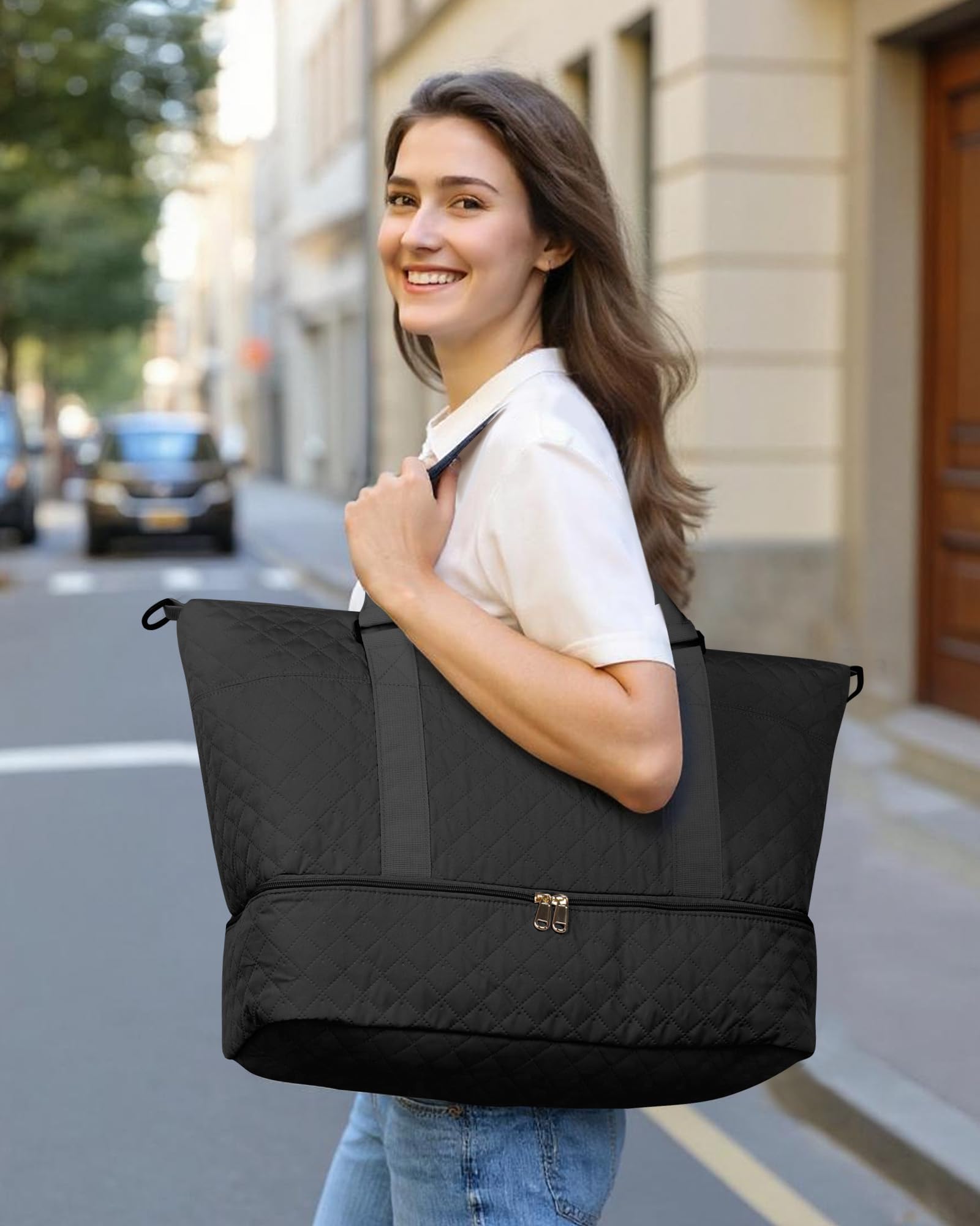 HOTOR Travel Duffel Bag - Weekender Bags for Women, Carry On Overnight Bag with Shoe Compartment, with Toiletry Bag for Travel Essentials and Travel Accessories, Black, 13.4"×17.3"×7.9"