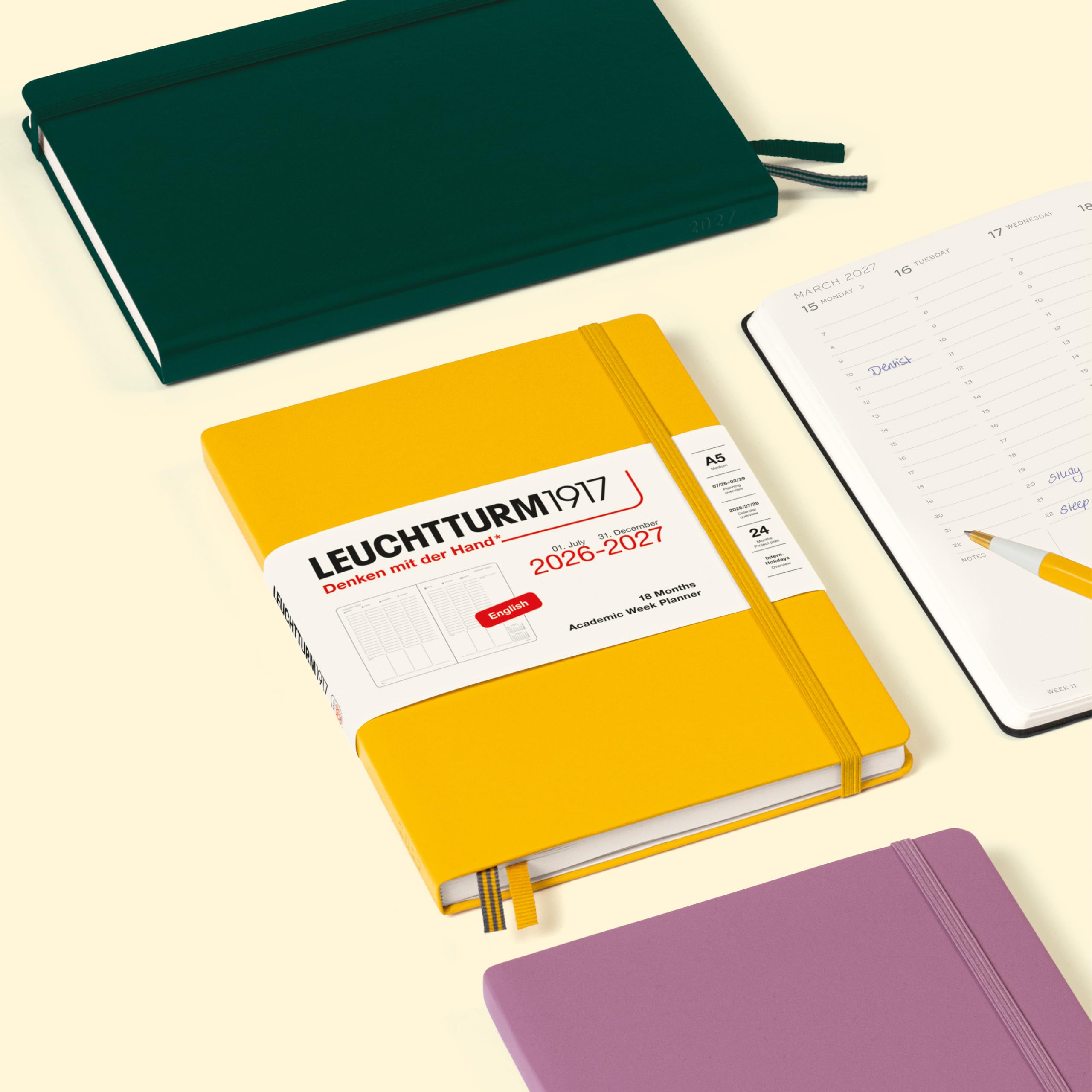 LEUCHTTURM1917 - Agenda settimanale accademica media, copertina rigida, formato A5, 18 mesi, luglio 2026 - dicembre 2027, inglese, nero