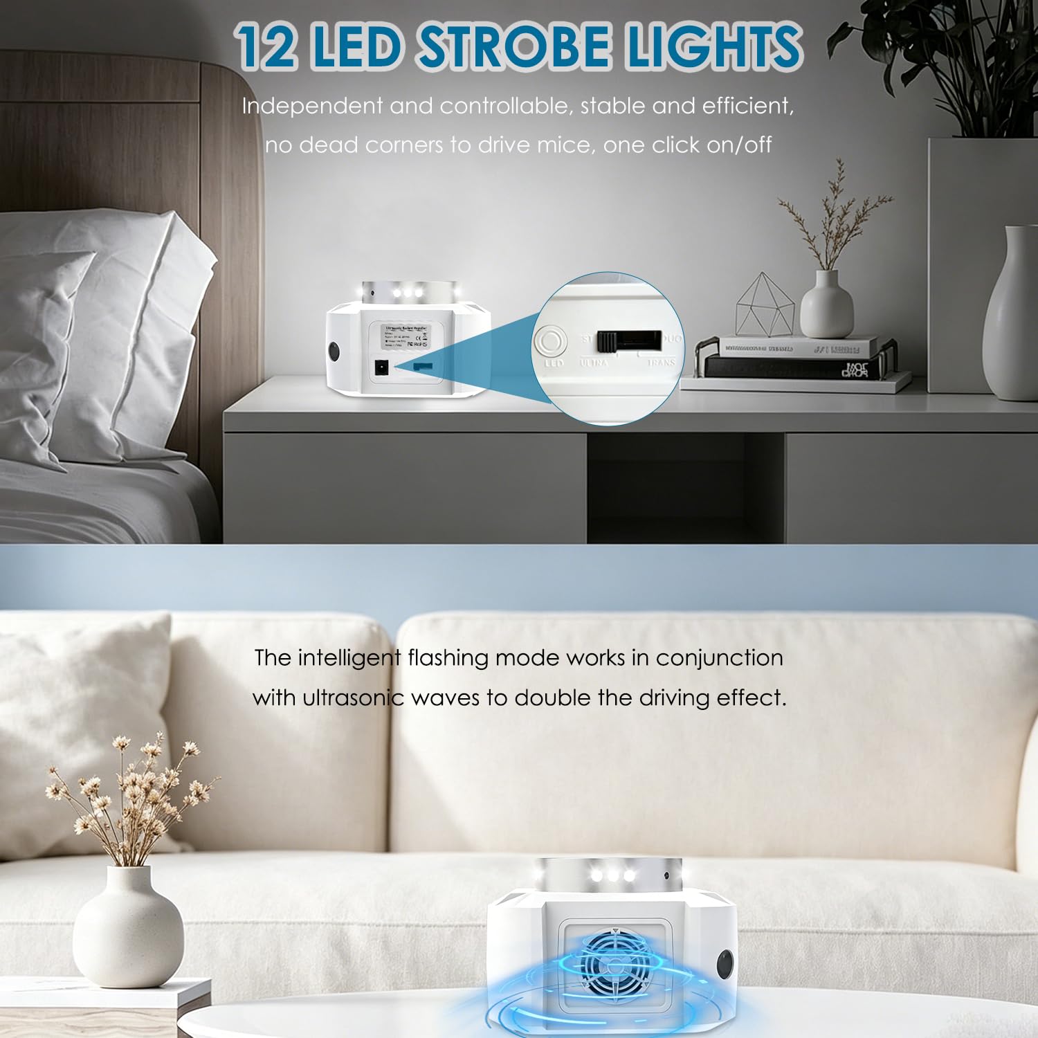 360°Ultraschall Mäuseabwehr Gegen Ratten 4D Surround Mäuse Vertreiben mit 12 LED Light, Rechargeable 1800mAh Akku Portable Rattenabwehr Outdoor, 120m² 4 Modi Effektiv Mäuseschreck für Innen Garten