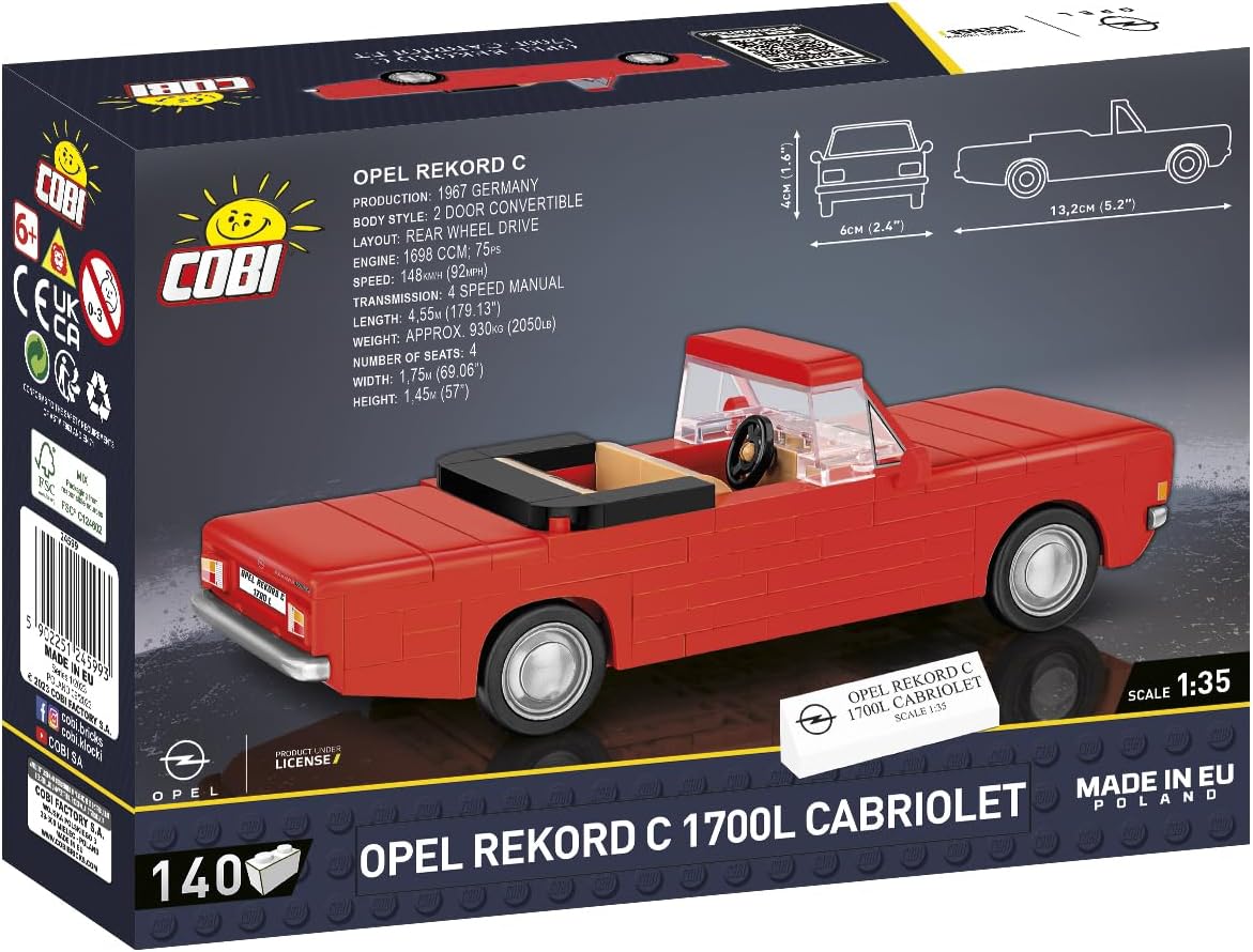 COBI Historical Collection Opel Rekord C 1700L Cabriole Vehicle Building Set, 140 Pieces