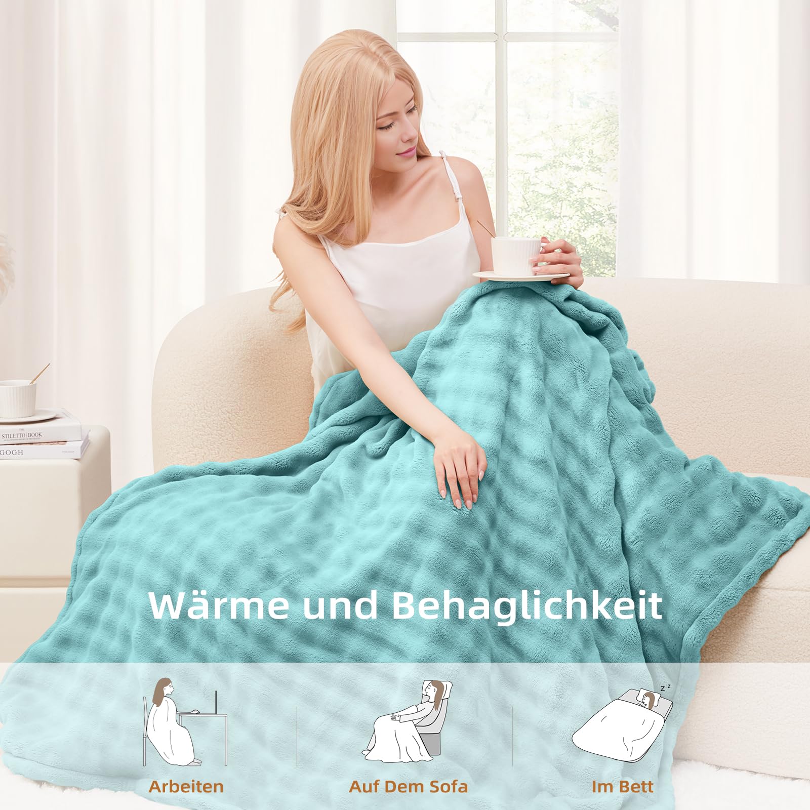 Heizdecke 130x180 cm, Heizdecke mit Abschaltautomatik, Wärmedecke mit 9 Heizstufen und 10 Stunden Timer, Speicherfunktion Überhitzungsschutz Elektrische Kuscheldecke für Bett, Büro (Blau)