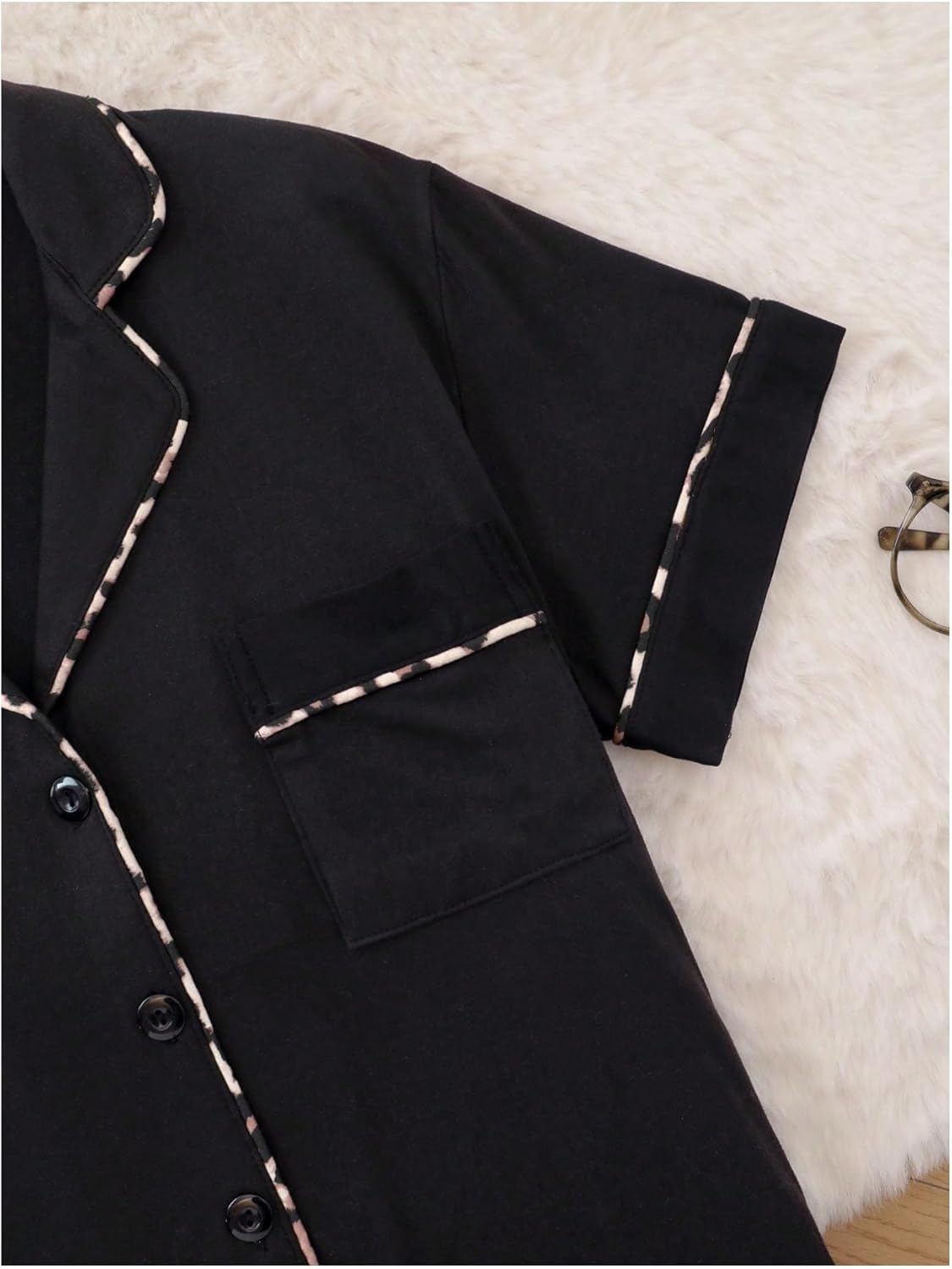 Women's 2 Piece Leopard Bow Pjs Pajama Sets Button Down Nightshirt and Ruffle Shorts Set Cute Sleepwear - Image 5