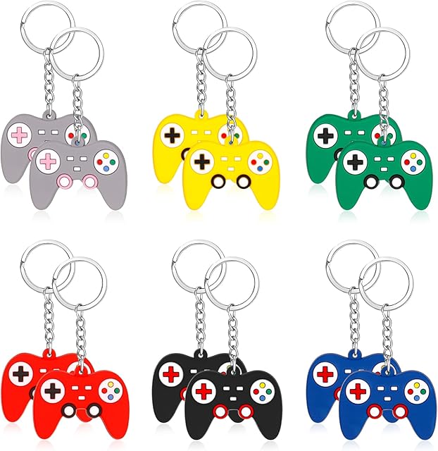 RosewineC 12Pieces Gaming Keyring Gaming Party Bag Fillers Boys Keyrings Controller Video Game Keychains Keyring Gaming Handle Pendant Charms for Video Game Party Favors Birthday Baby Shower, 6 Colors