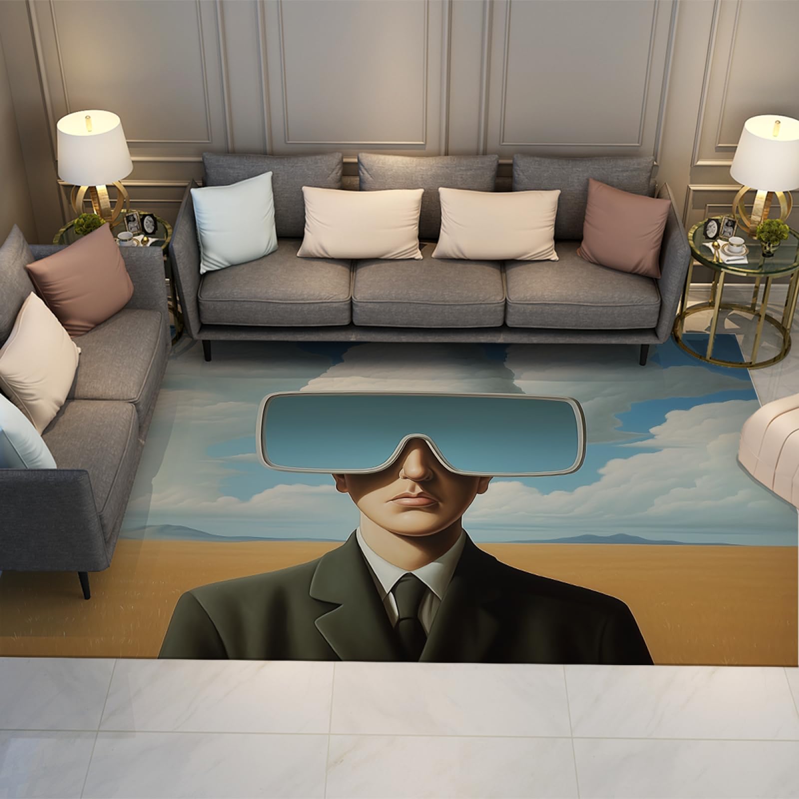 Tapis René Magritte contemporain 120x240cm à poils bas imprimé pour intérieur et extérieur