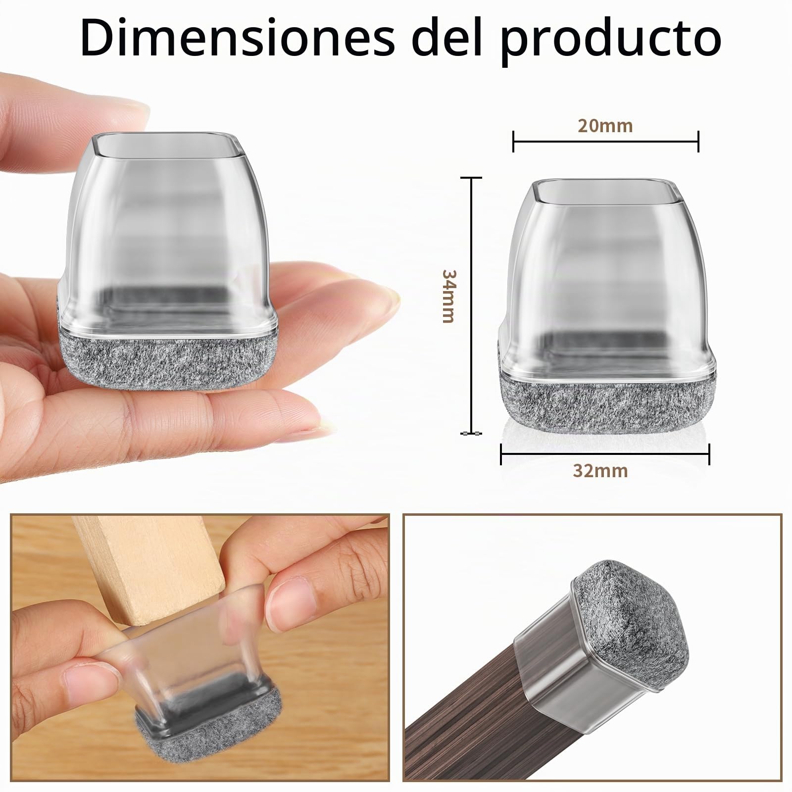 RCHYFEED 24 Protectores de Piso de Silla Mejorados de 0.7-1.25 Pulgadas,Tapas Transparentes Copas para Patas de Muebles con Almohadillas de Fieltro para Proteger Suelos de Madera Dura de Arañazos