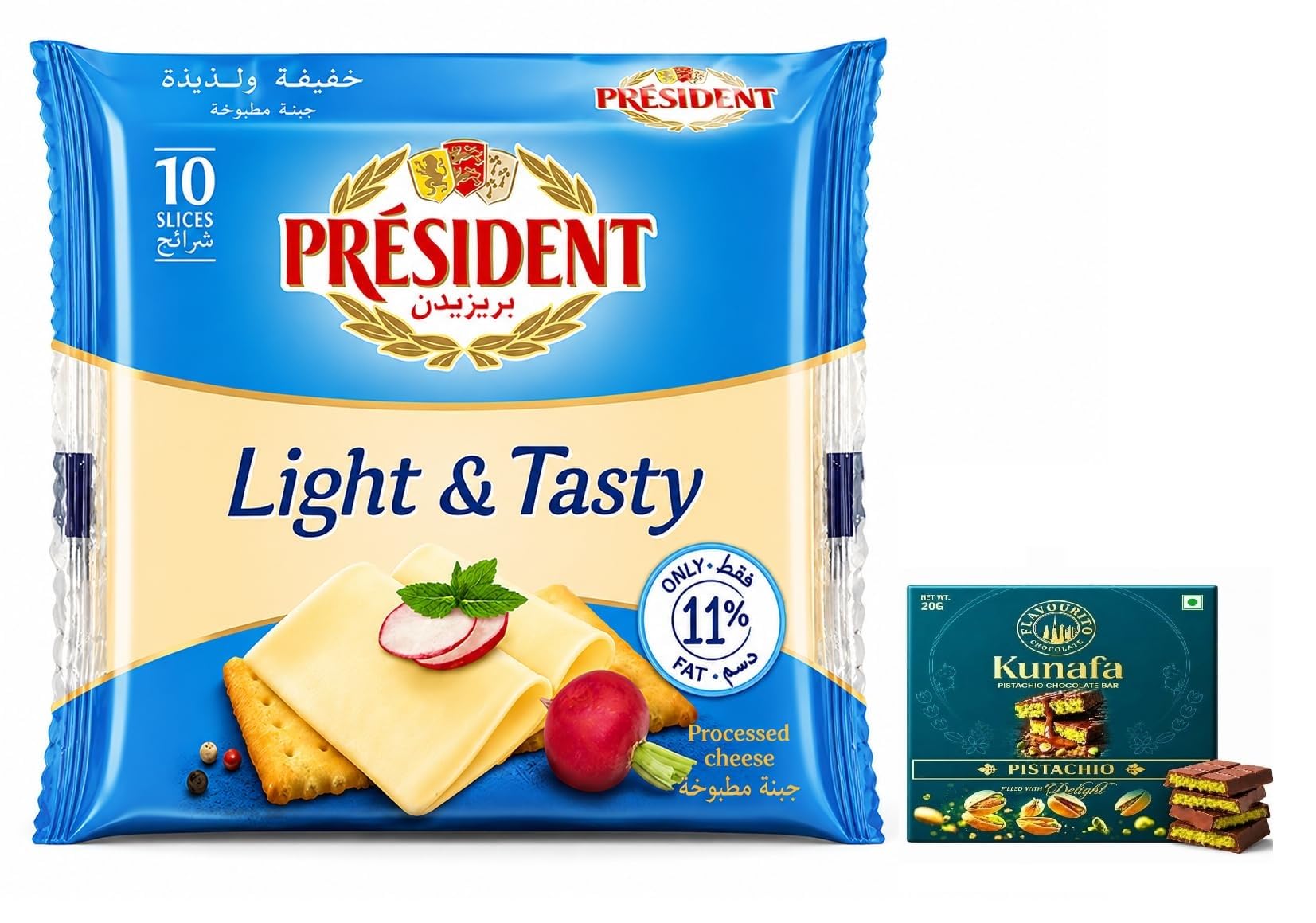 PRESIDENT's Light & Tasty Processed Cheese Slices Only 11% Fat (10 Slices) 200g with Free Flavourito Kunafa Pistachio Chocolate Bar, 20g By Decadent Foods-image-39