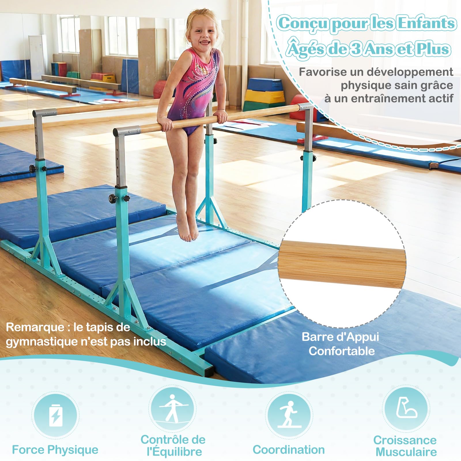 COSTWAY Barres Parallèles de Gymnastique Hauteur Réglable 13 Niveaux, Double Barre Gymnastique à Largeur Réglable Charge Total 160KG, Entraînement pour Enfants 3 Ans+ (Vert)
