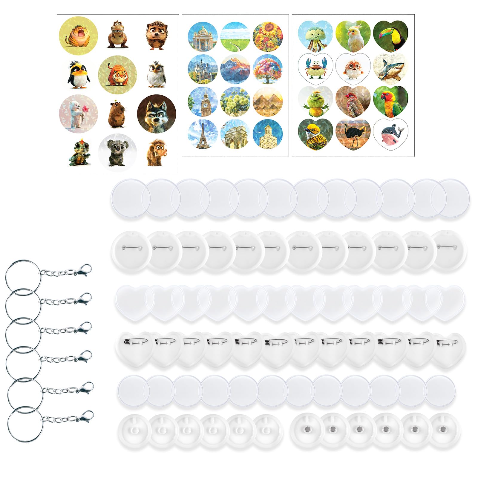 Accessoires pour machines à badges | 12 ensembles de salles de bains de 55 mm, 12 salles de bains de 35 mm, 12 badges Love, 6 porte-clés, 6 réfrigérateurs