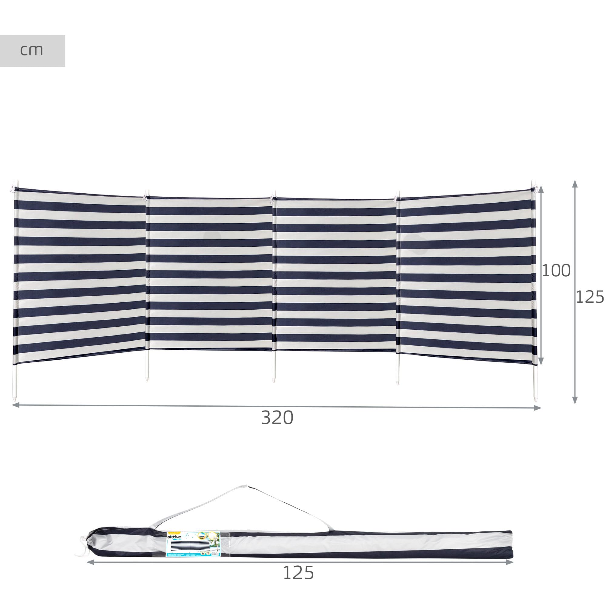 AKTIVE Paravent de plage type paravent, panneaux en polyester, tubes métalliques avec pointe aiguisée, housse avec poignée