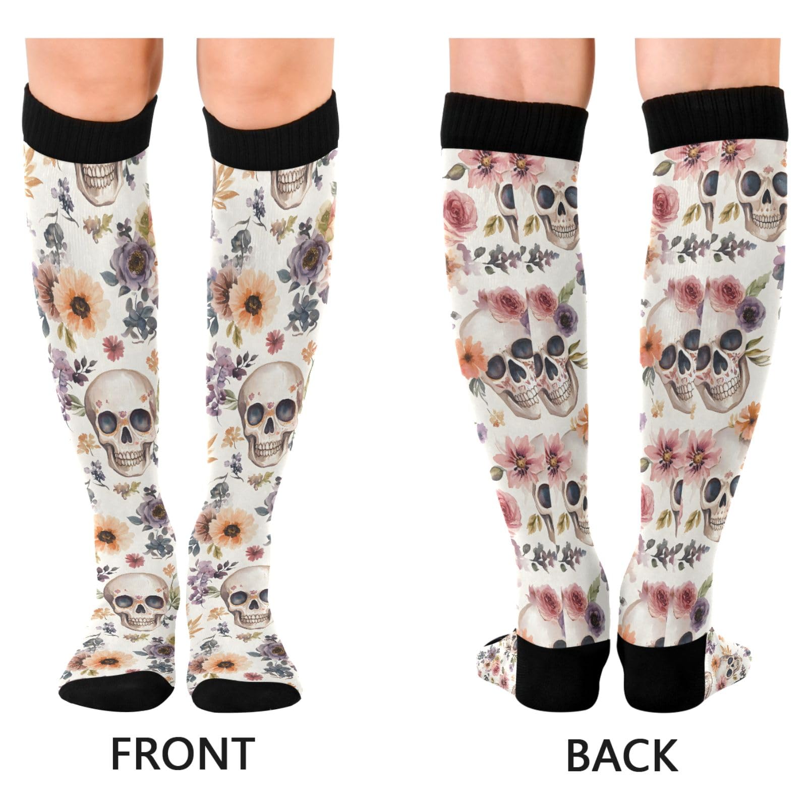 ALAZA Athletic Compression Socks Knee High Socks Stockings for Women Skull Flower Retro Running Circulation Sport Football