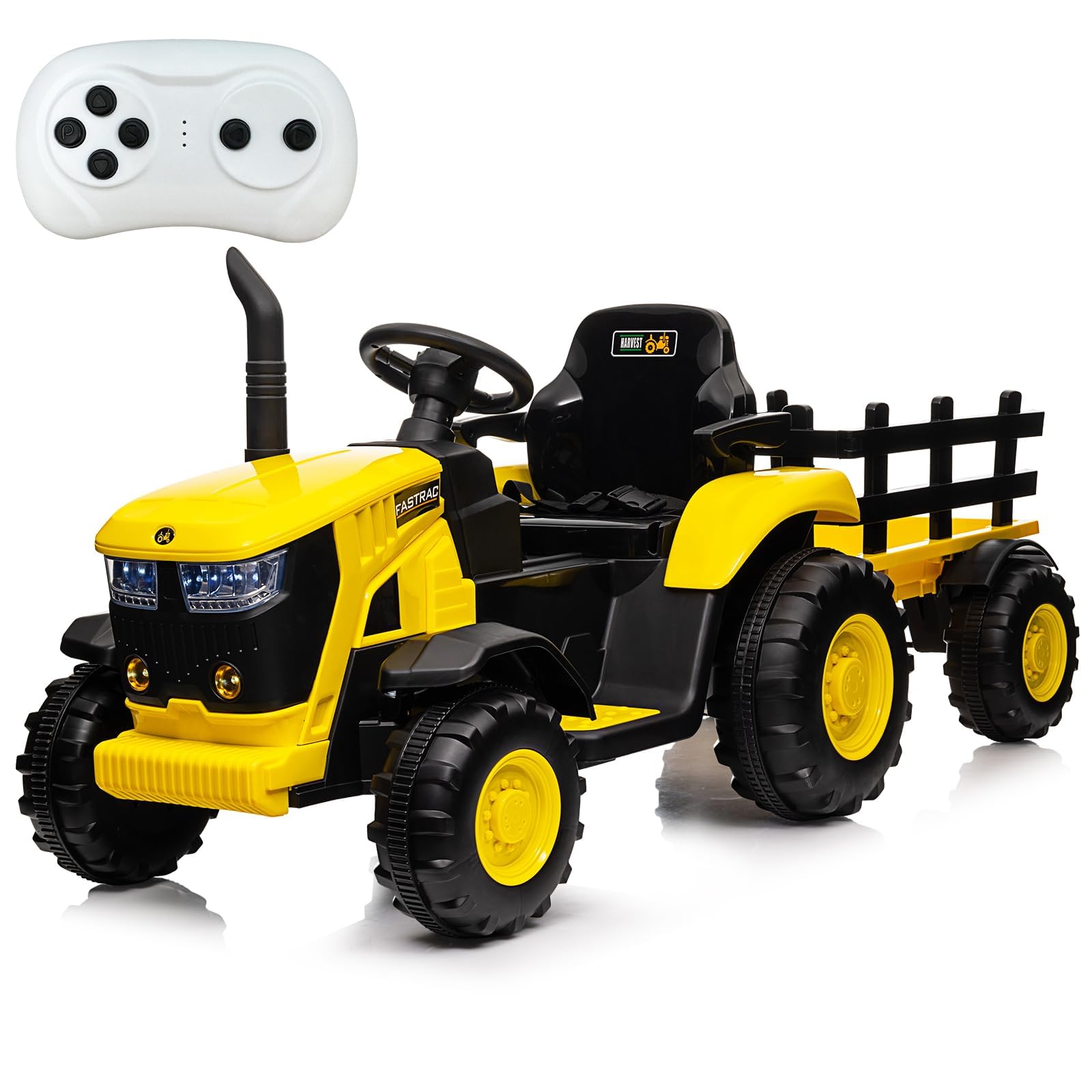 12V Kids Ride On Tractor Car, Battery Powered Tractor Car Toy with Detachable Trailer and Remote Control, Dual 35W Electric Vehicles with Safety Belt, Music, Toy Tractor for Boys Girls, Yellow