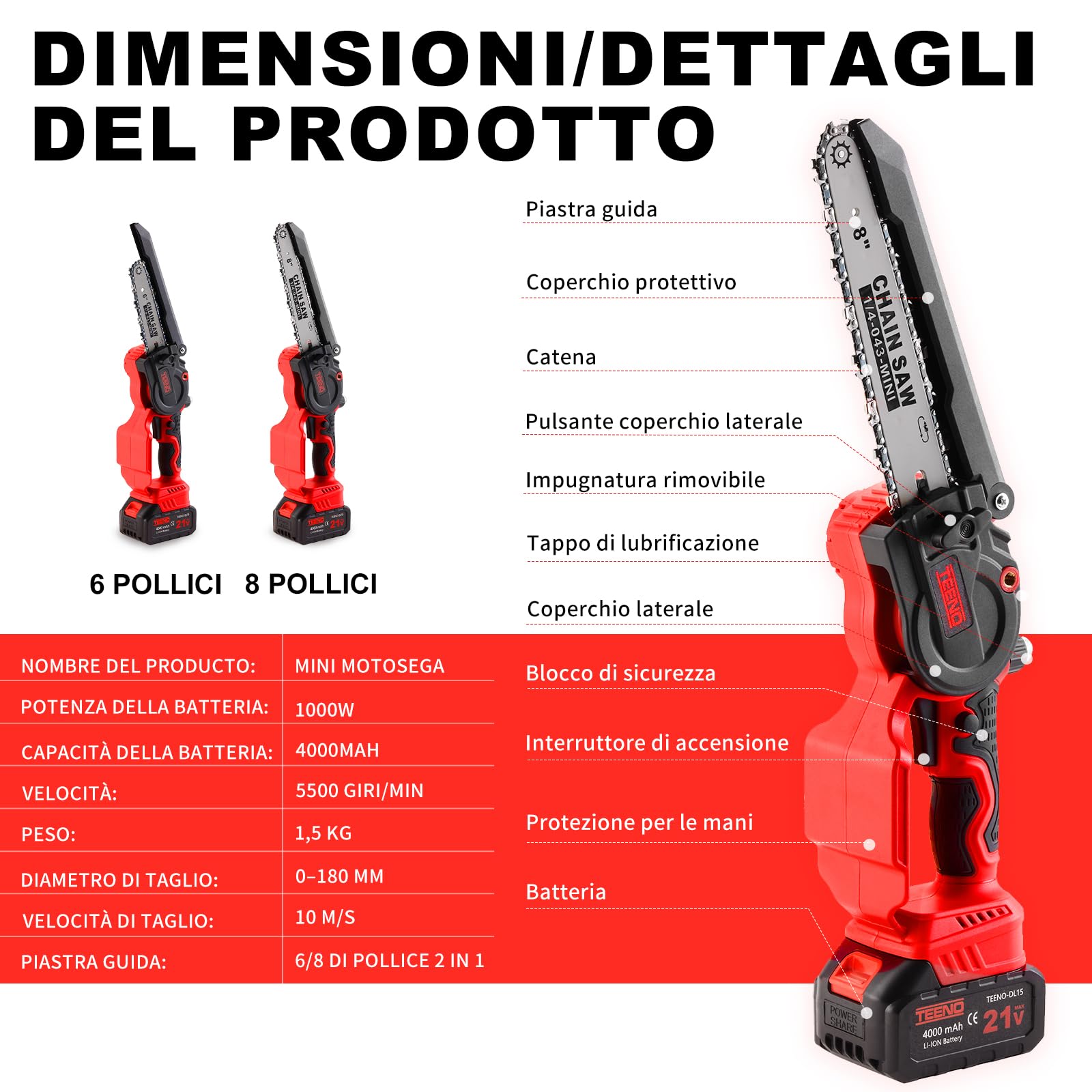 TEENO Motosega a Batteria, 1000W Mini Motosega Elettrica 6&8 Pollici 2-in-1, Kit con 6 Catene (3×6"+3×8"), Motore Senza Spazzole, 2×4000mAh, 5500 RPM, Leggero per Giardinaggio, Potatura, Legna