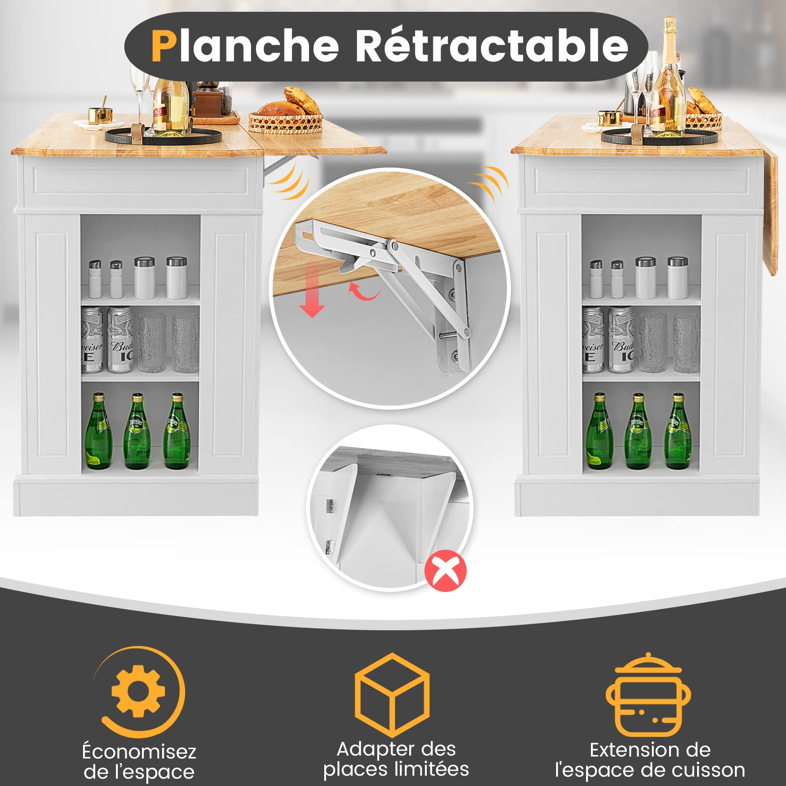 COSTWAY Ilot Central Cuisine Plateau en Bois d'Hévéa Pliable, Étagères Réglables à 3 Niveaux, Desserte de Cuisine avec Tiroirs, Supports Latéraux et 2 Portes, 61 x 120 x 92 cm, Blanc