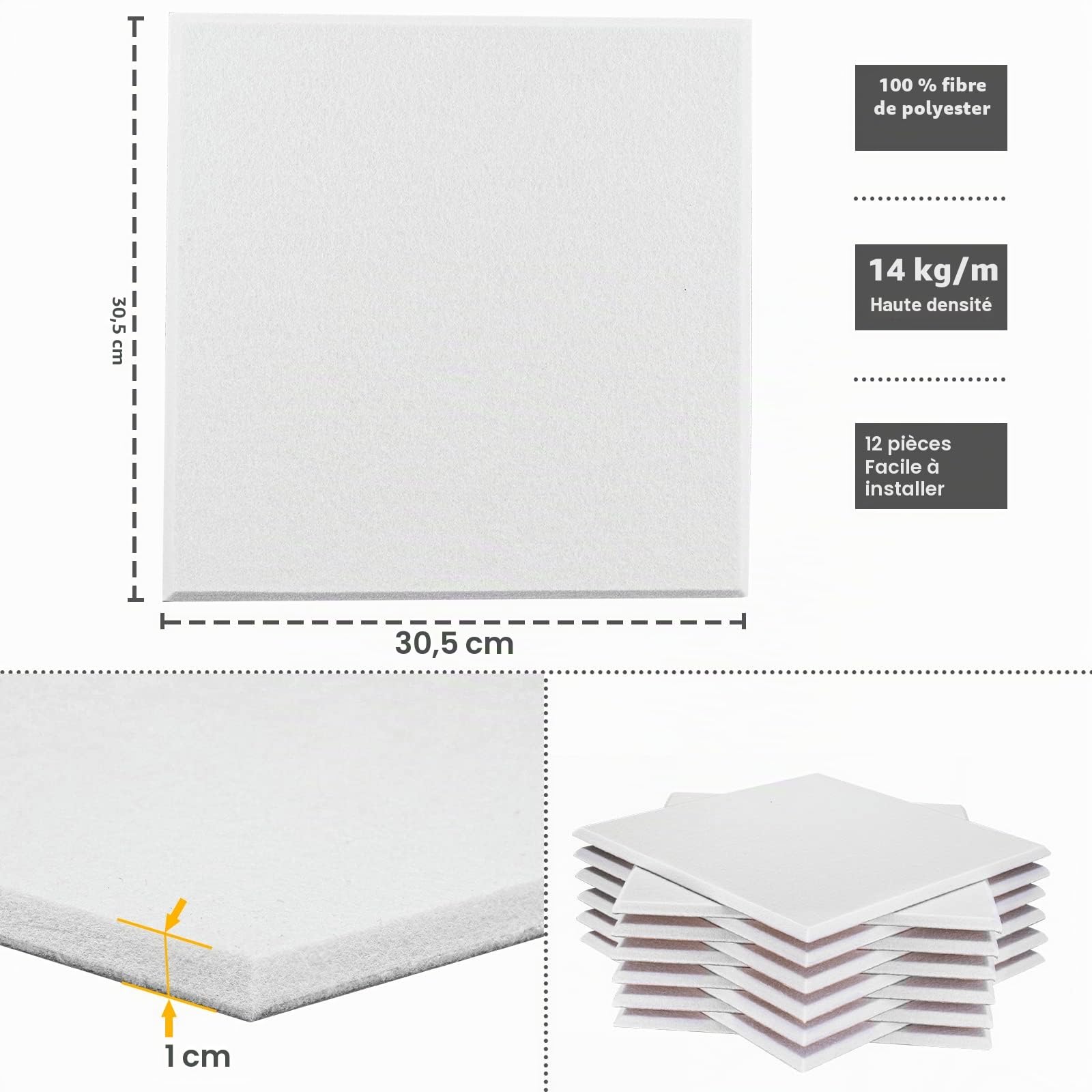 JAMELO 12pcs Panneaux Acoustiques Carrés, 30x30x1cm Panneaux Insonorisants Autocollants, Panneaux Insonorisants Haute Densité pour Studio d'Enregistrement & Maison & Bureaux