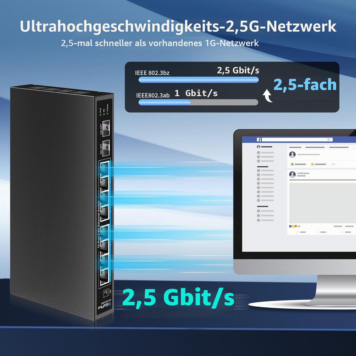 10 Port 2.5Gb Unmanaged Ethernet Switch mit 8* 2.5G Base-T Ports, 2* 10G SFP+ Ports. GiGaPlus 2.5Gbps Netzwerk Switch für 2.5Gbps NAS/PC, WiFi6 Router, Wireless AP. Lüfterloses Design, Plug and Play