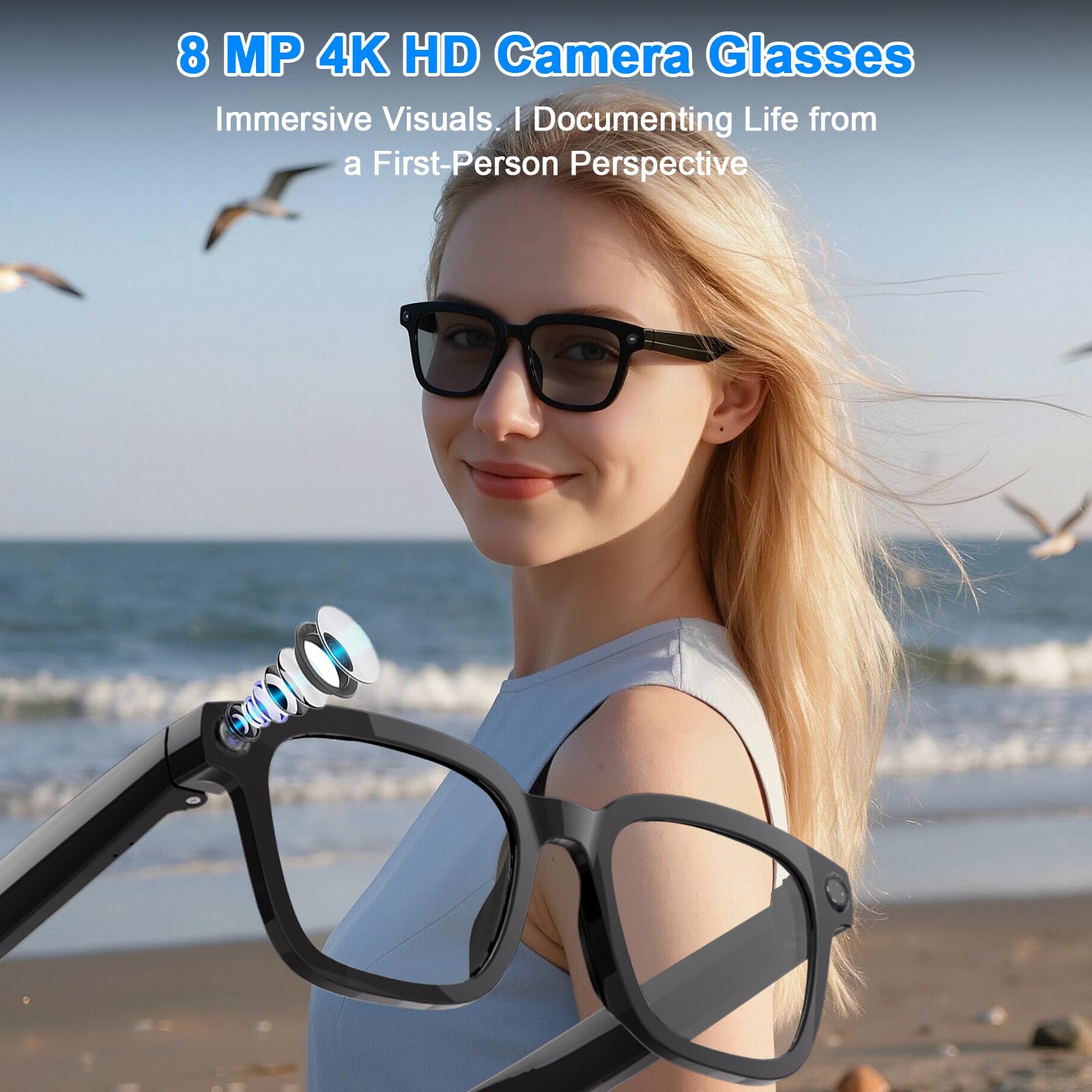 GenXenon Gafas con Cámara, Cámara 8 MP 1200P, Gafas IA con Puerto de Carga USB-C, Doble Micrófono Abierto, Admite Foto, Video y Audio, Reconocimiento de Objetos por IA, Lentes Fotocromáticas