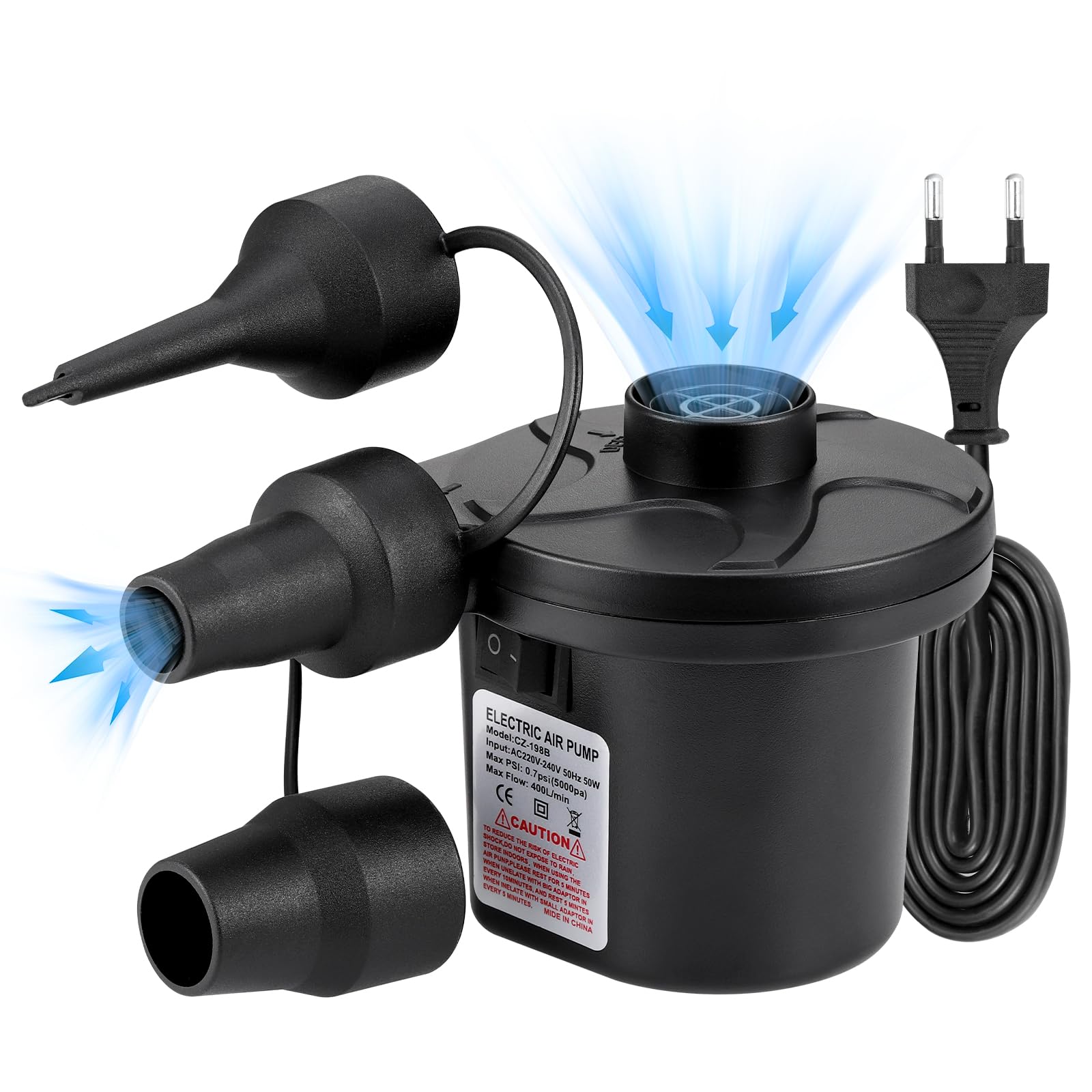 JIZZU Elektryczna pompka powietrza, 2 w 1, pompowanie i spuszczanie powietrza, pompka do materacy dmuchanych z 3 dyszami, 220 V/DC 12 V, pompka do basenów, pontonów, materacy dmuchanych, sof