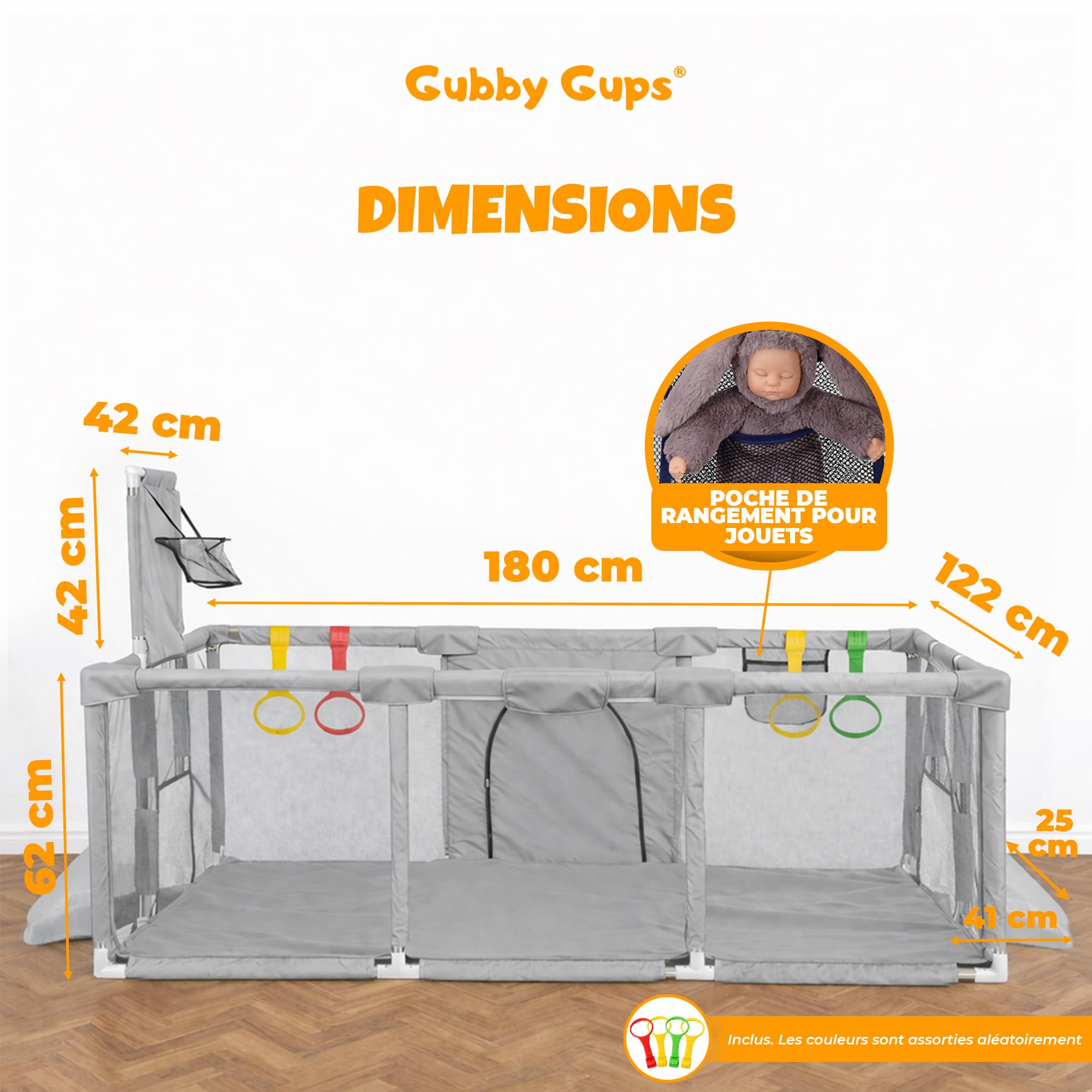 Parc bébé XXL 180x122 cm avec panier de basket et but de football – Aire de jeu sécurisée pour bébé et enfant – Filet respirant, anneaux de motricité et structure stable – Gubby Gups
